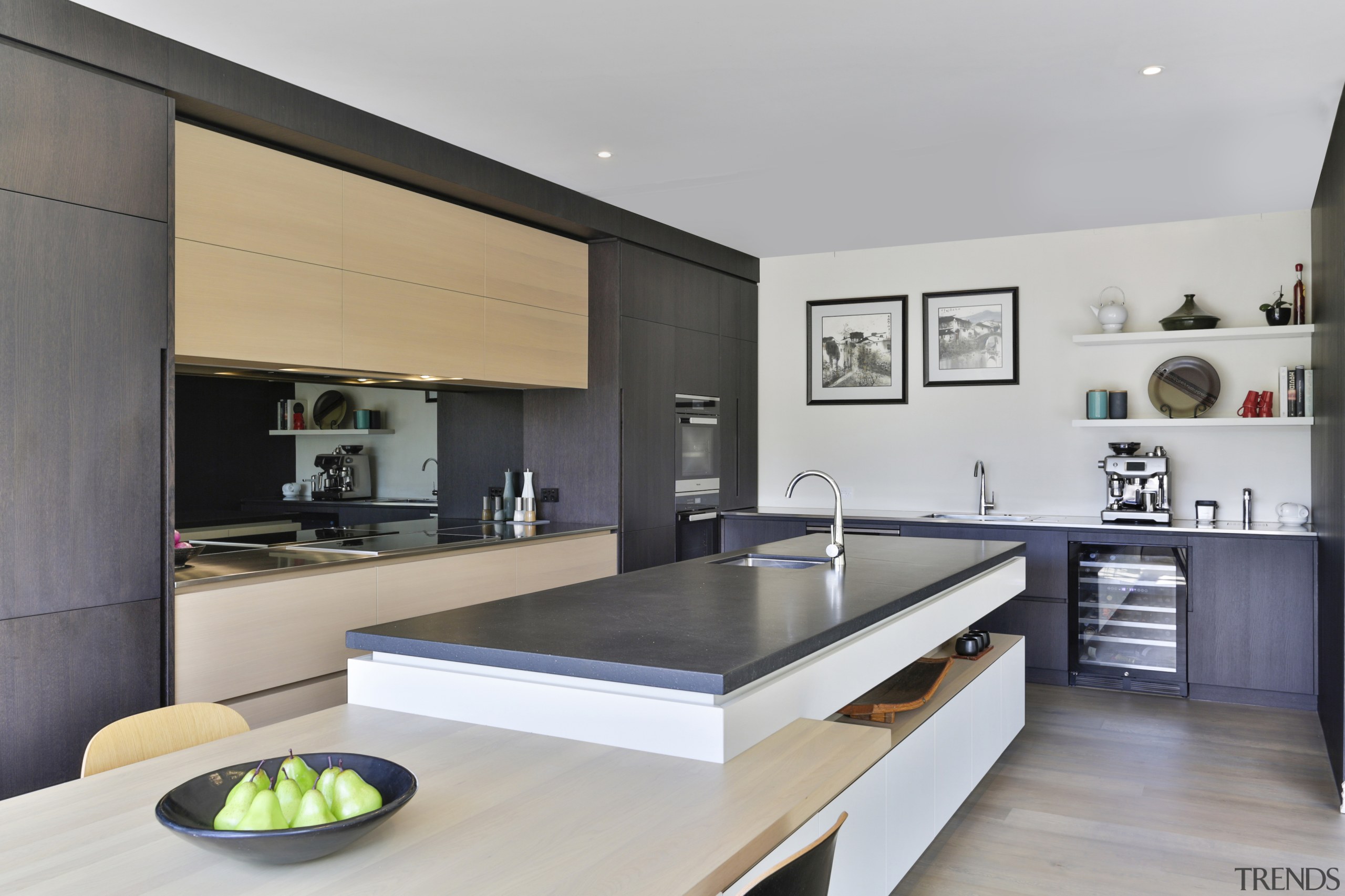 The breakfast bar seamlessly integrates with the large 