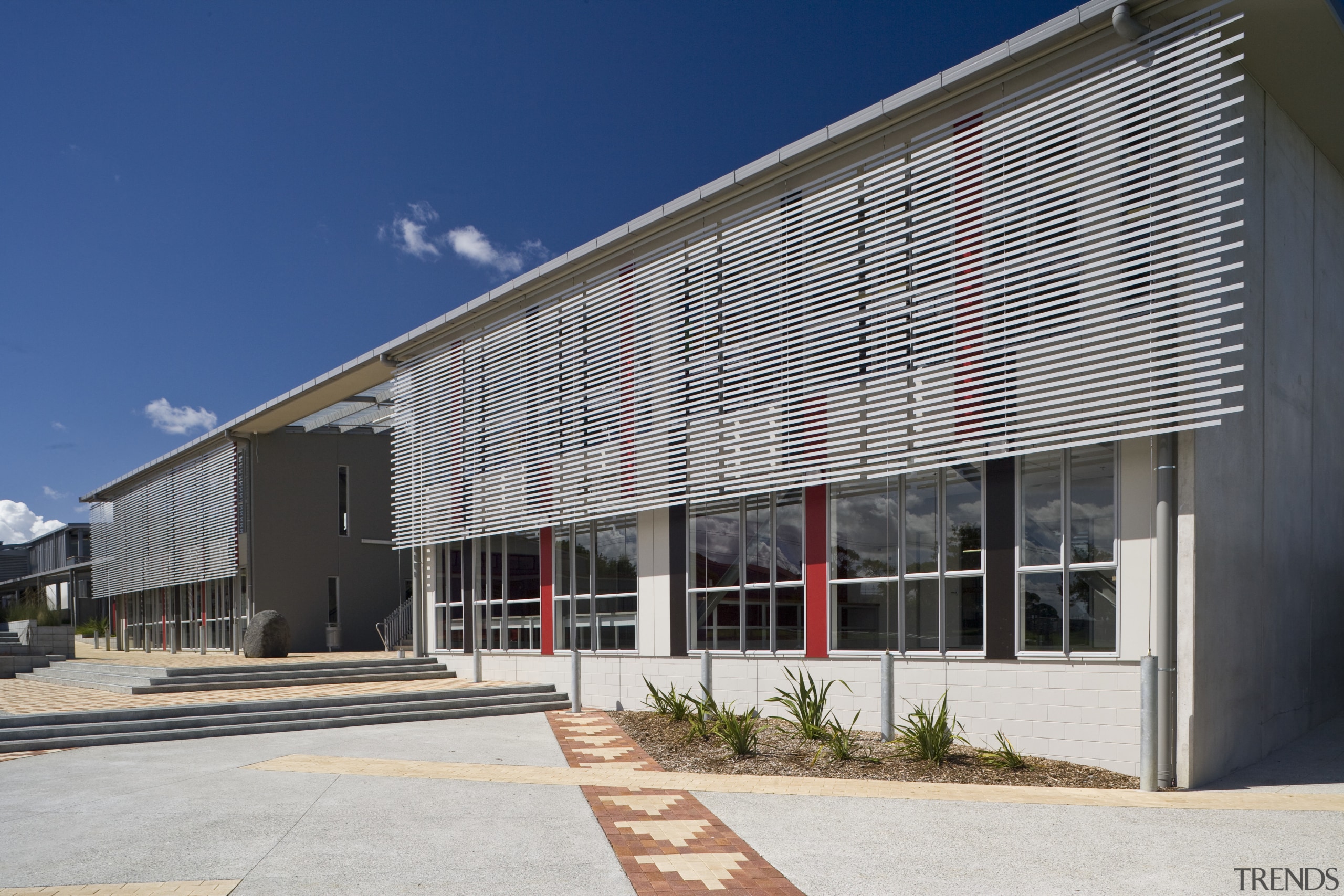 Exterior view of school which features aluminium sunscreen architecture, building, commercial building, corporate headquarters, facade, house, real estate, residential area, window