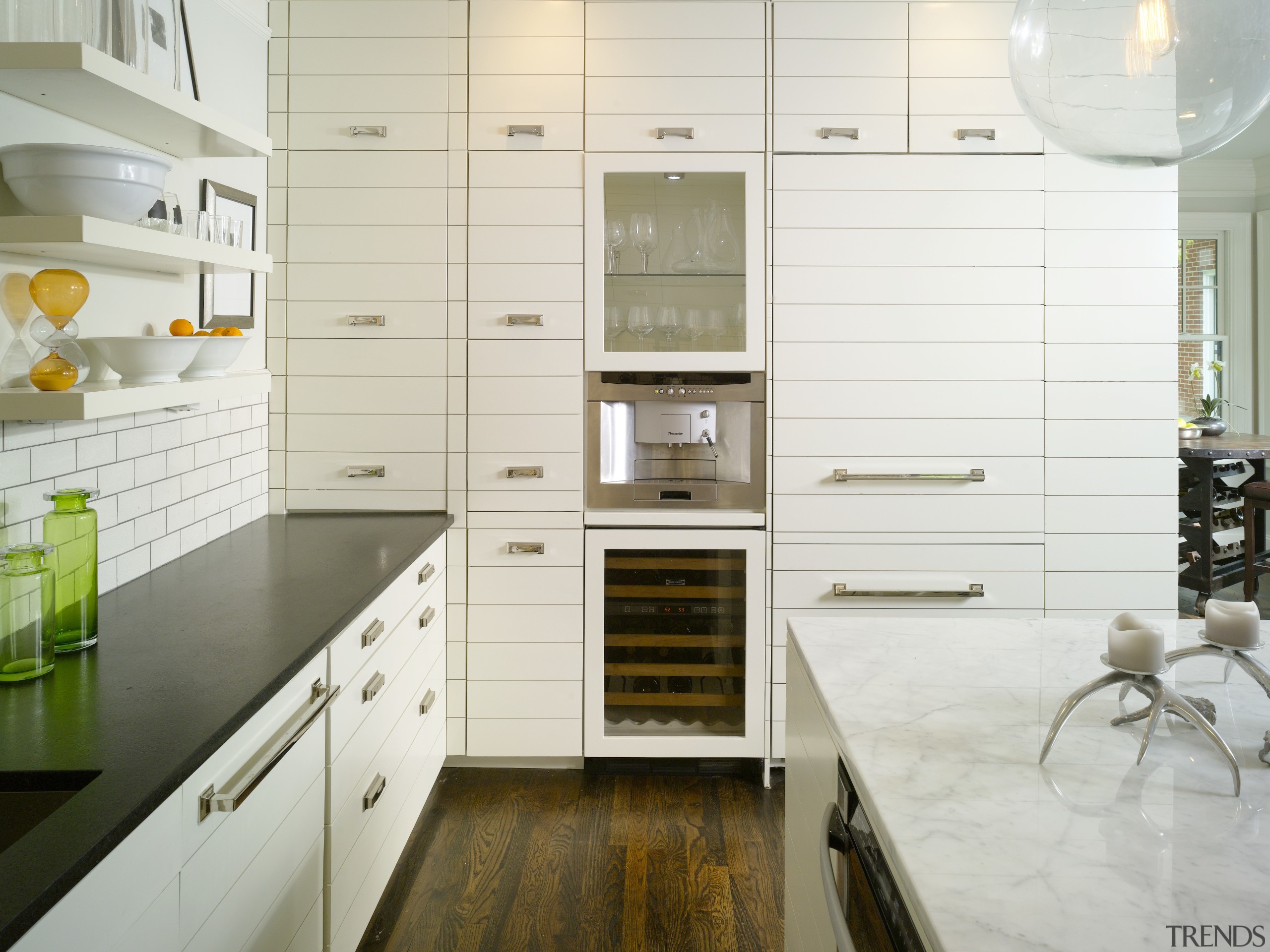 View of kitchen by Designer Willis Watts. Remodelled cabinetry, countertop, cuisine classique, floor, flooring, interior design, kitchen, room, white