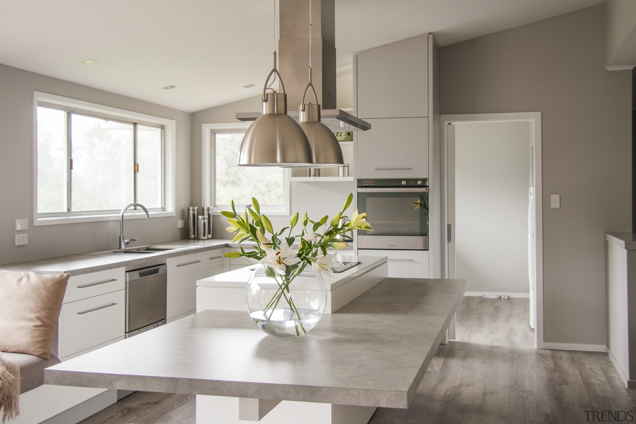 This generous-sized family kitchen by architect Mona Quinn countertop, cuisine classique, floor, home, interior design, kitchen, room, gray