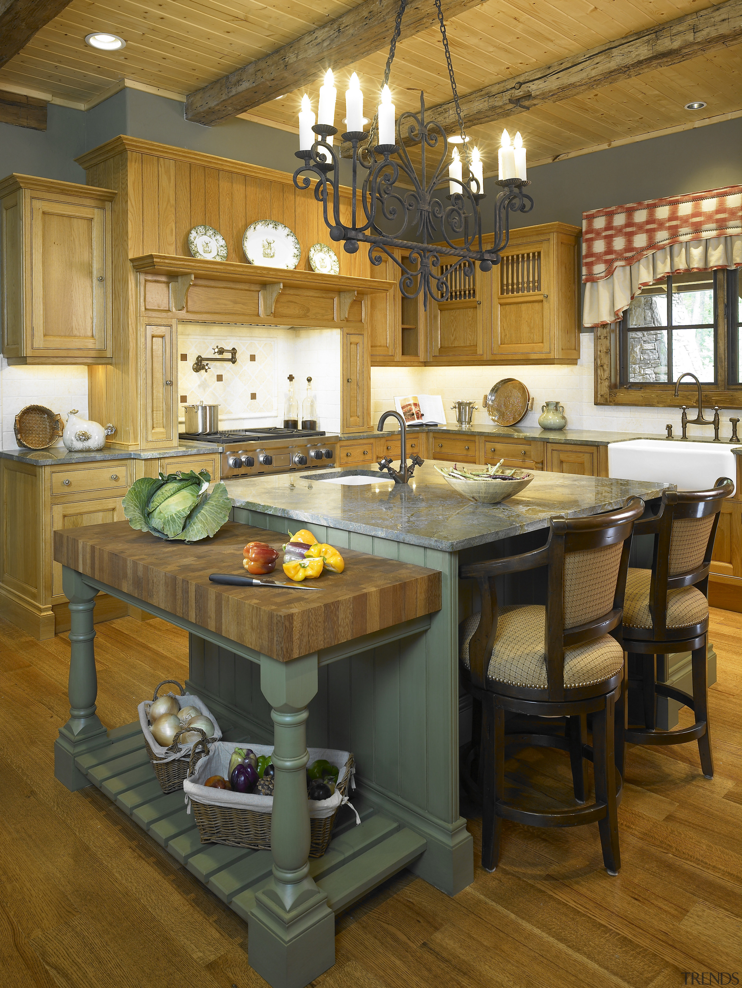 A view of this kitchen designed by Designer countertop, furniture, interior design, kitchen, room, table, wood, brown