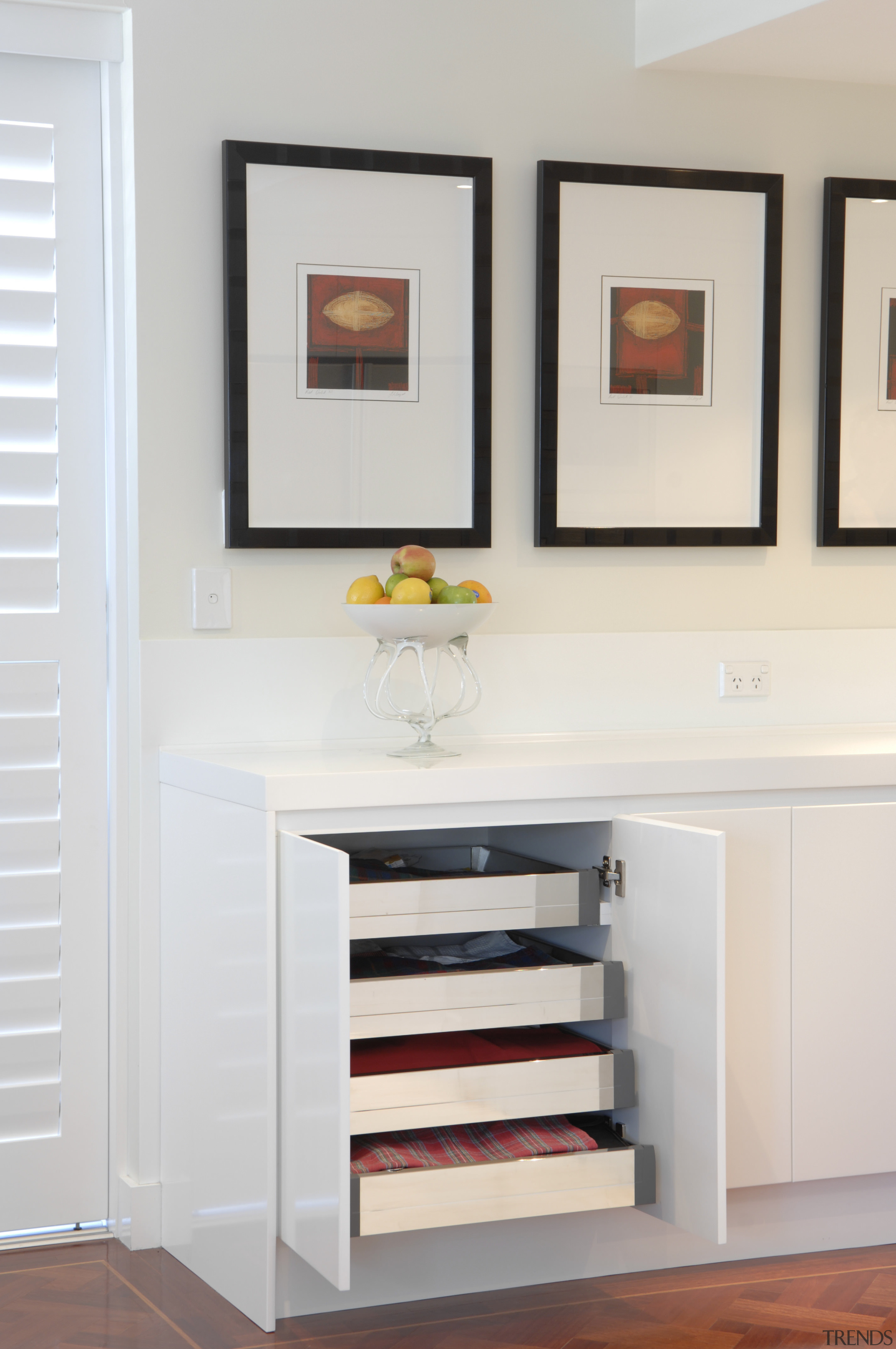 View of kitchen cabinetry with integrated draws. - chest of drawers, drawer, furniture, interior design, room, shelf, shelving, wall, white