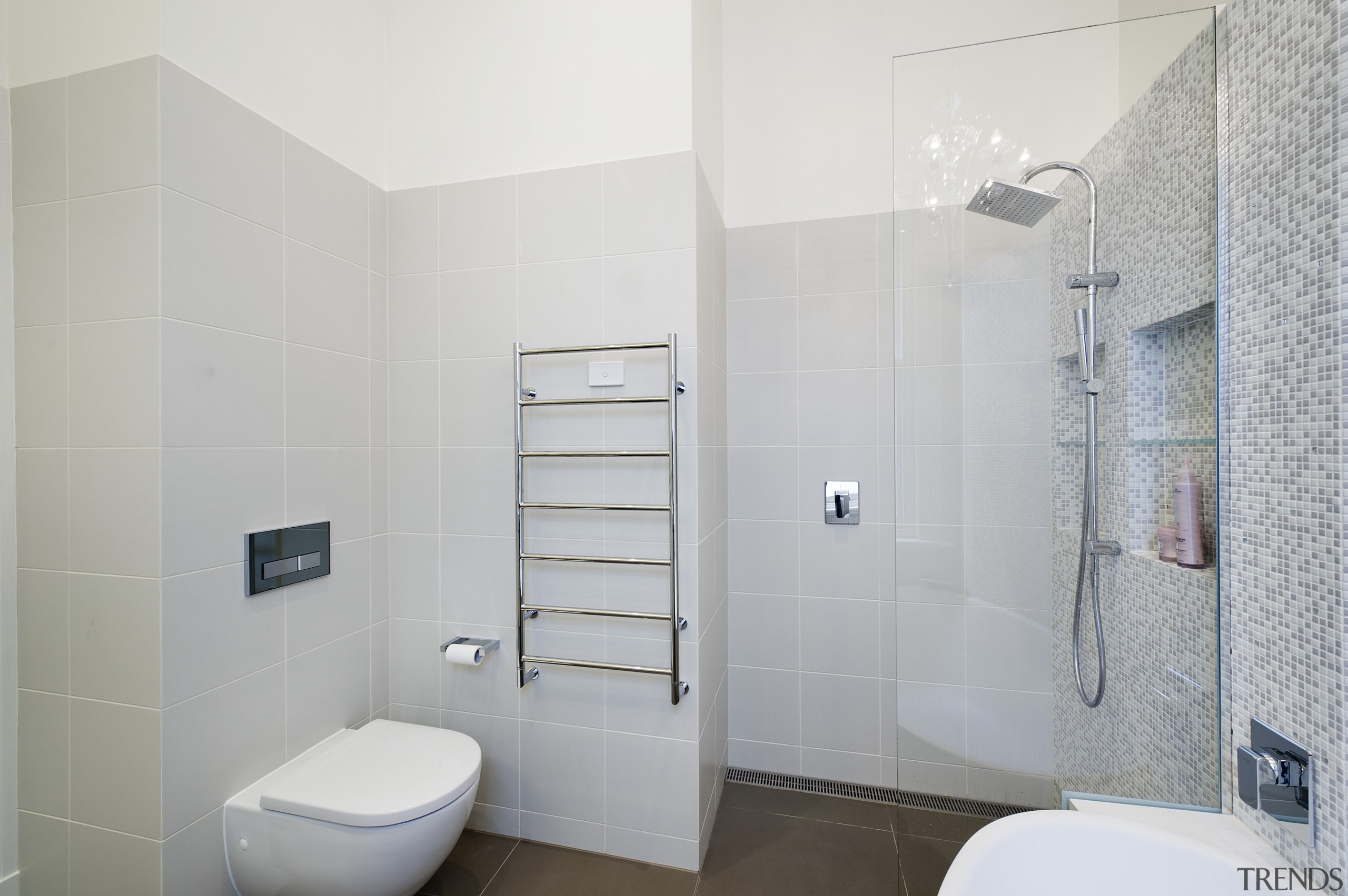 Bathroom with light grey walls and mosaic feature bathroom, floor, home, interior design, plumbing fixture, property, real estate, room, gray