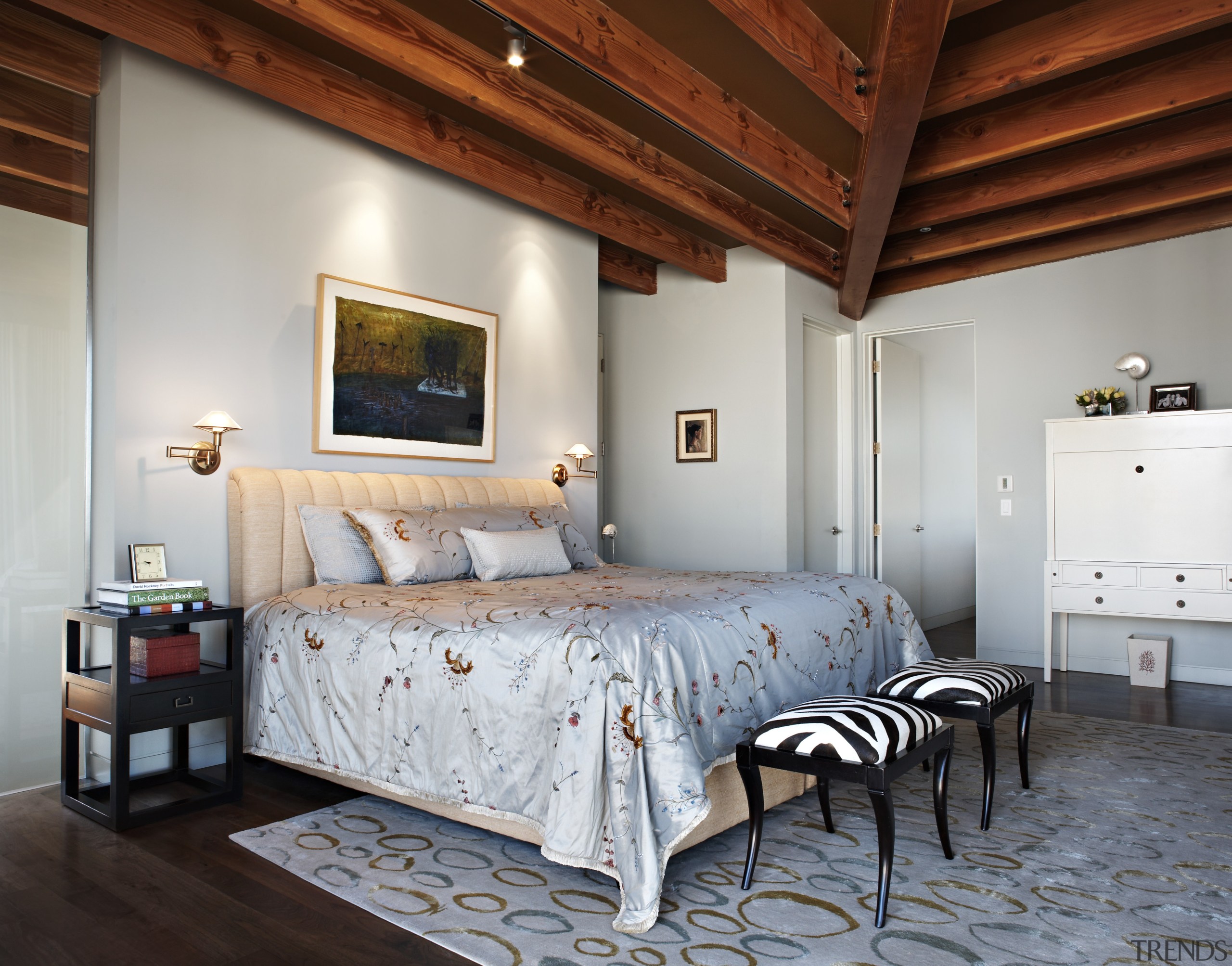 The ceiling of the master bedroom features exposed bed, bed frame, bedroom, ceiling, estate, floor, furniture, home, interior design, real estate, room, suite, wall, gray