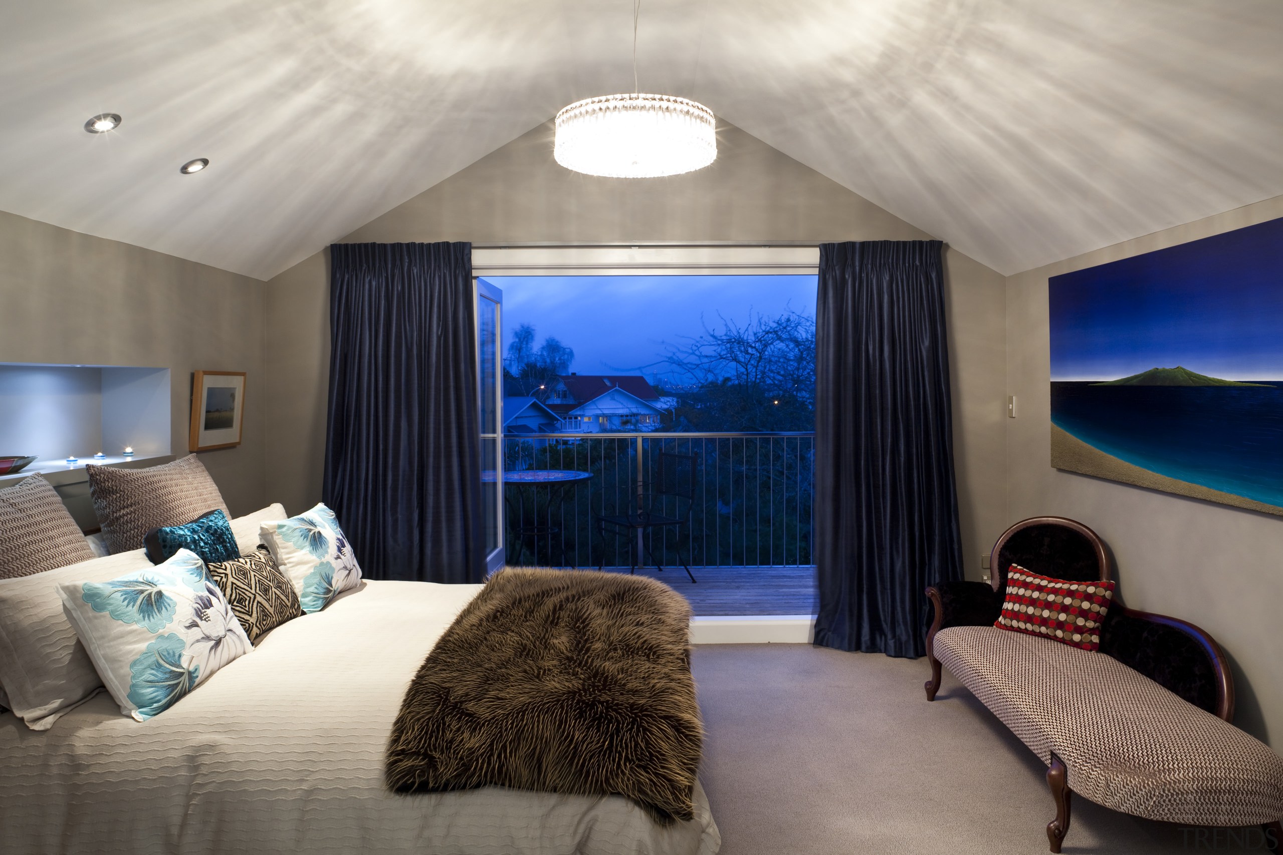 View of contemporary bedroom with ensuite featuring blue architecture, bedroom, ceiling, estate, home, hotel, interior design, real estate, room, suite, wall, gray