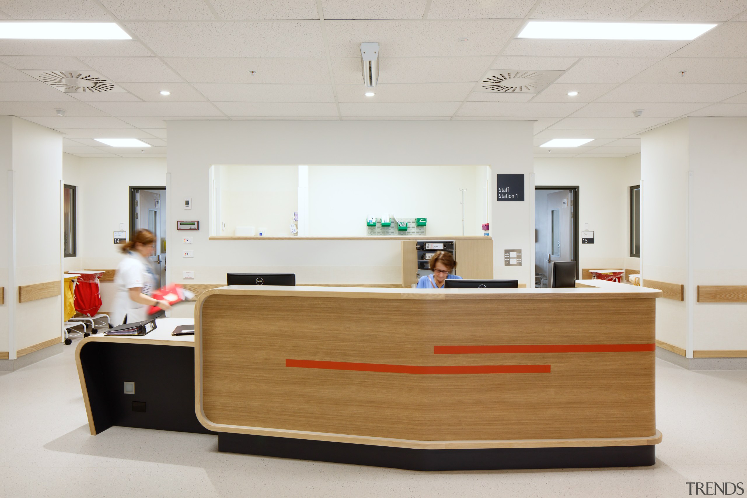 Timber elements feature throughout the Burwood Hospital Extension desk, furniture, interior design, office, product design, gray