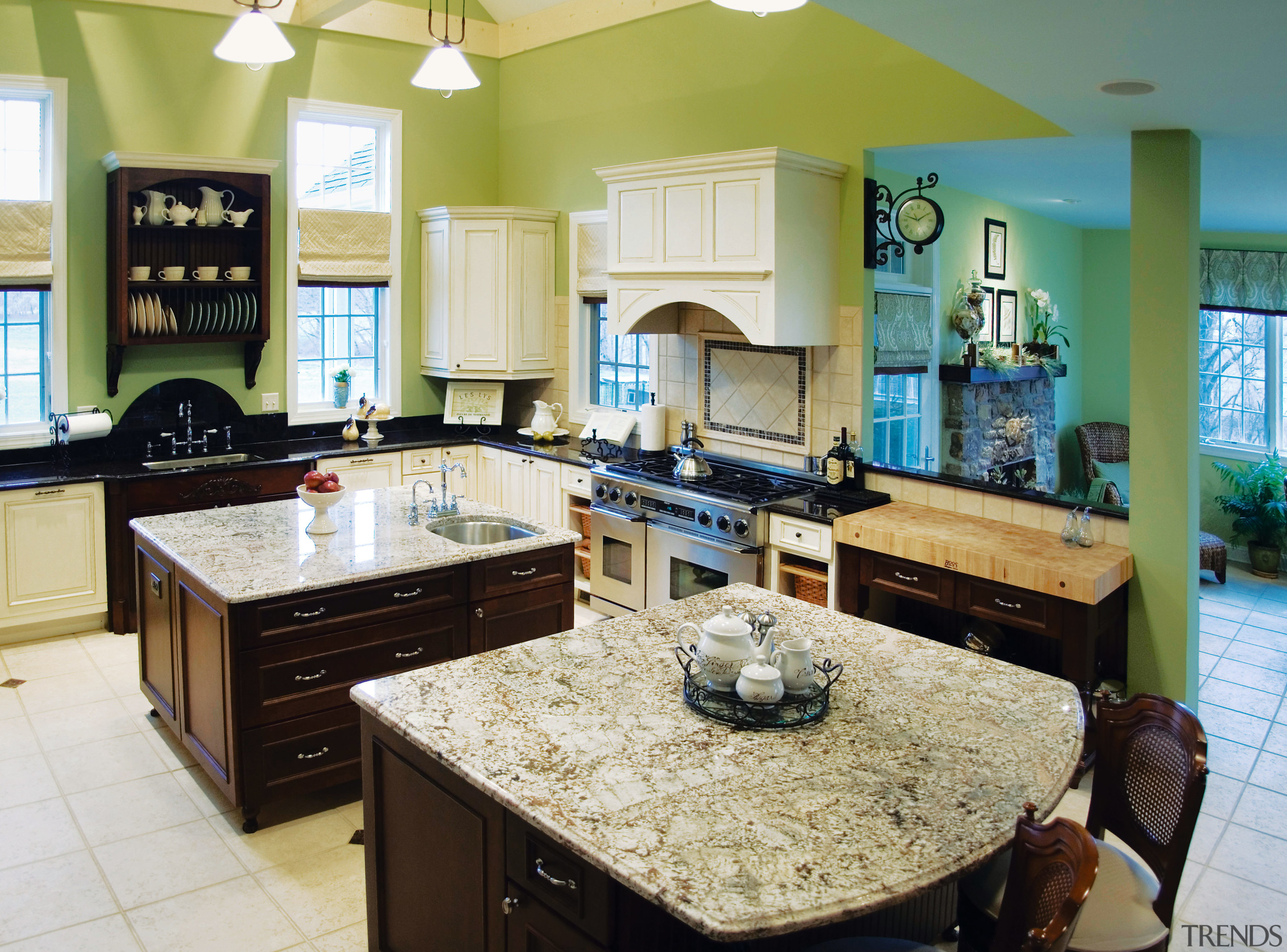 A view of this kitchen featuring tiled flooring, countertop, home, interior design, kitchen, room