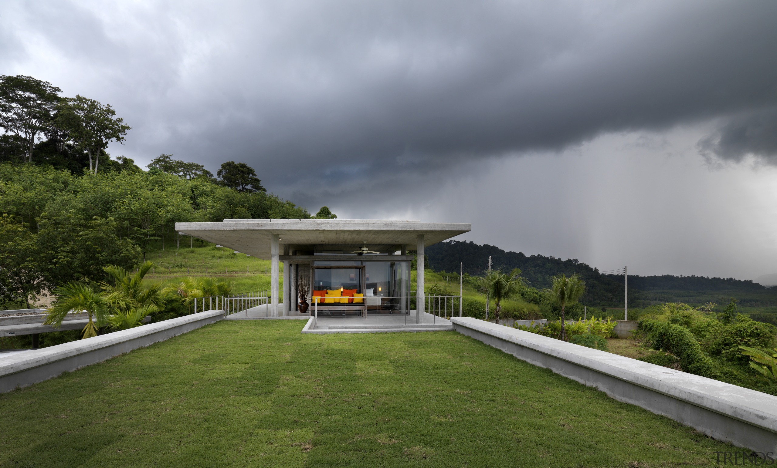 View of modern home designed by Design Unit architecture, cloud, estate, grass, home, house, landscape, plant, real estate, roof, sky, gray, brown