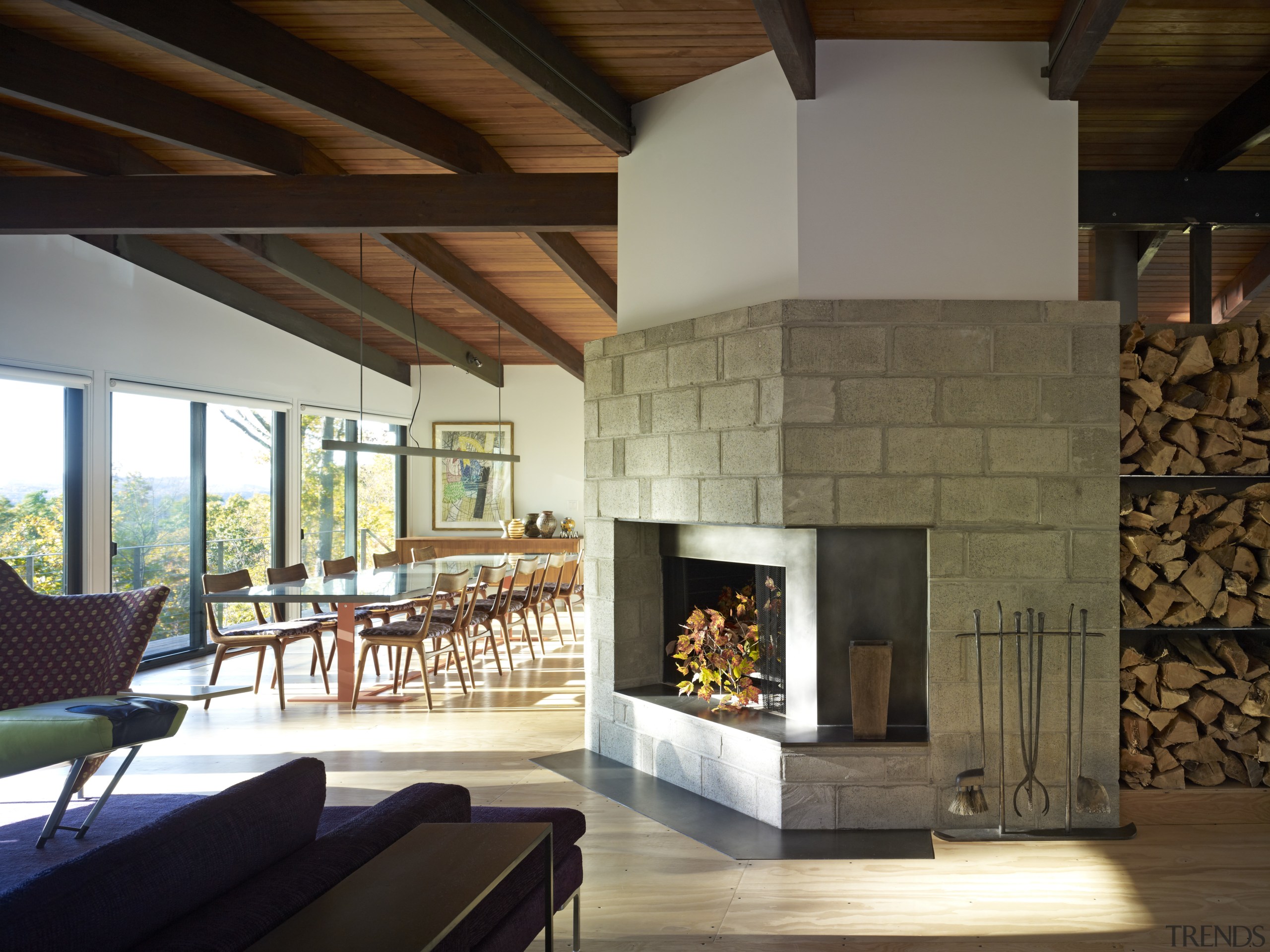 The original ceramic tile fireplace surround in this fireplace, hearth, interior design, living room, wood burning stove, brown