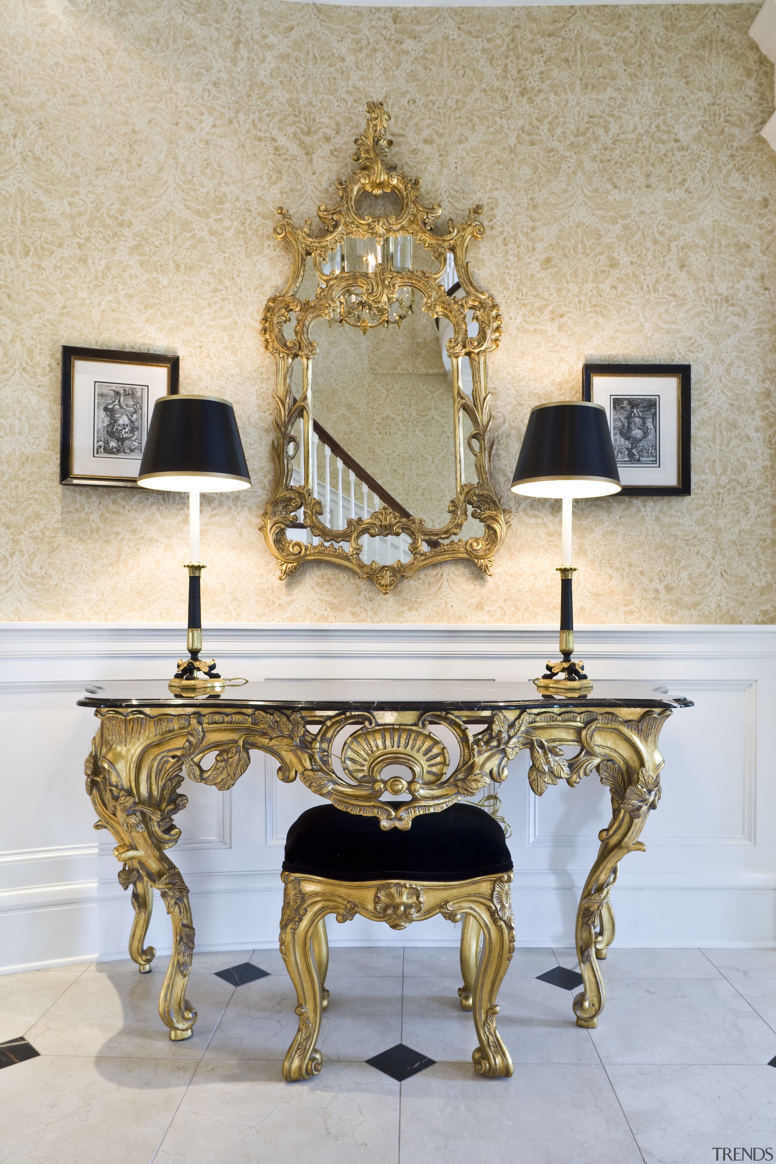 View of an antique table and seat with brass, furniture, interior design, table, gray