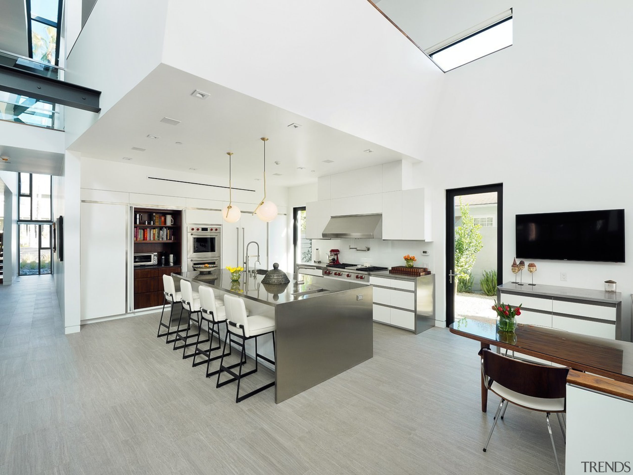 The balcony sits above the kitchen - The architecture, floor, house, interior design, interior designer, kitchen, living room, loft, real estate, white