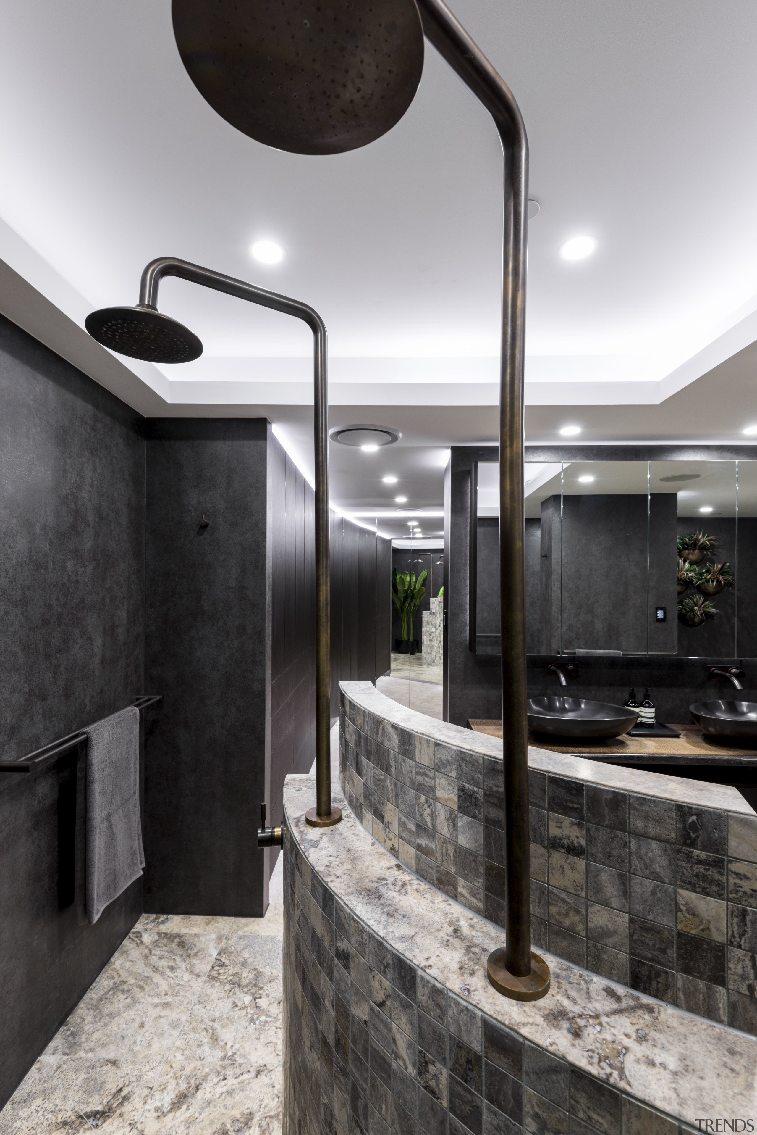 Designer Kim Duffin added a stepped curved shower architecture, interior design, black, gray, white