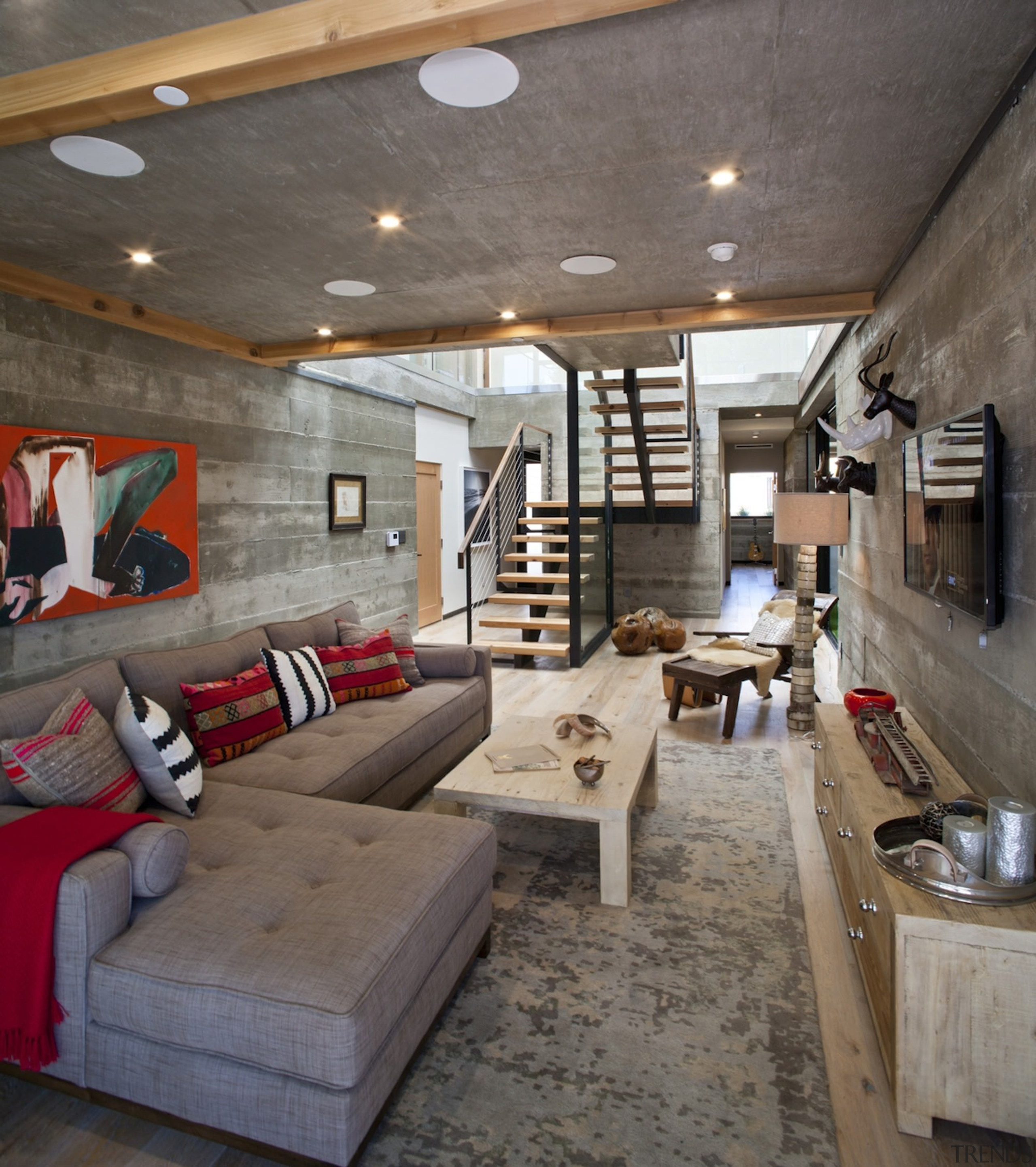 Another view of the ground floor living area ceiling, interior design, living room, loft, gray