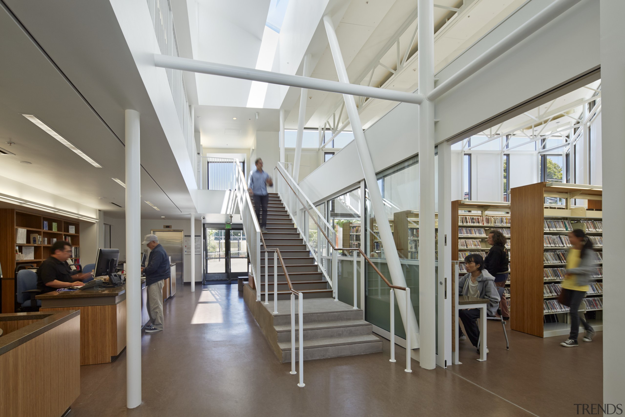 Exposed structural elements and services help to keep ceiling, daylighting, institution, interior design, library, library science, public library, gray