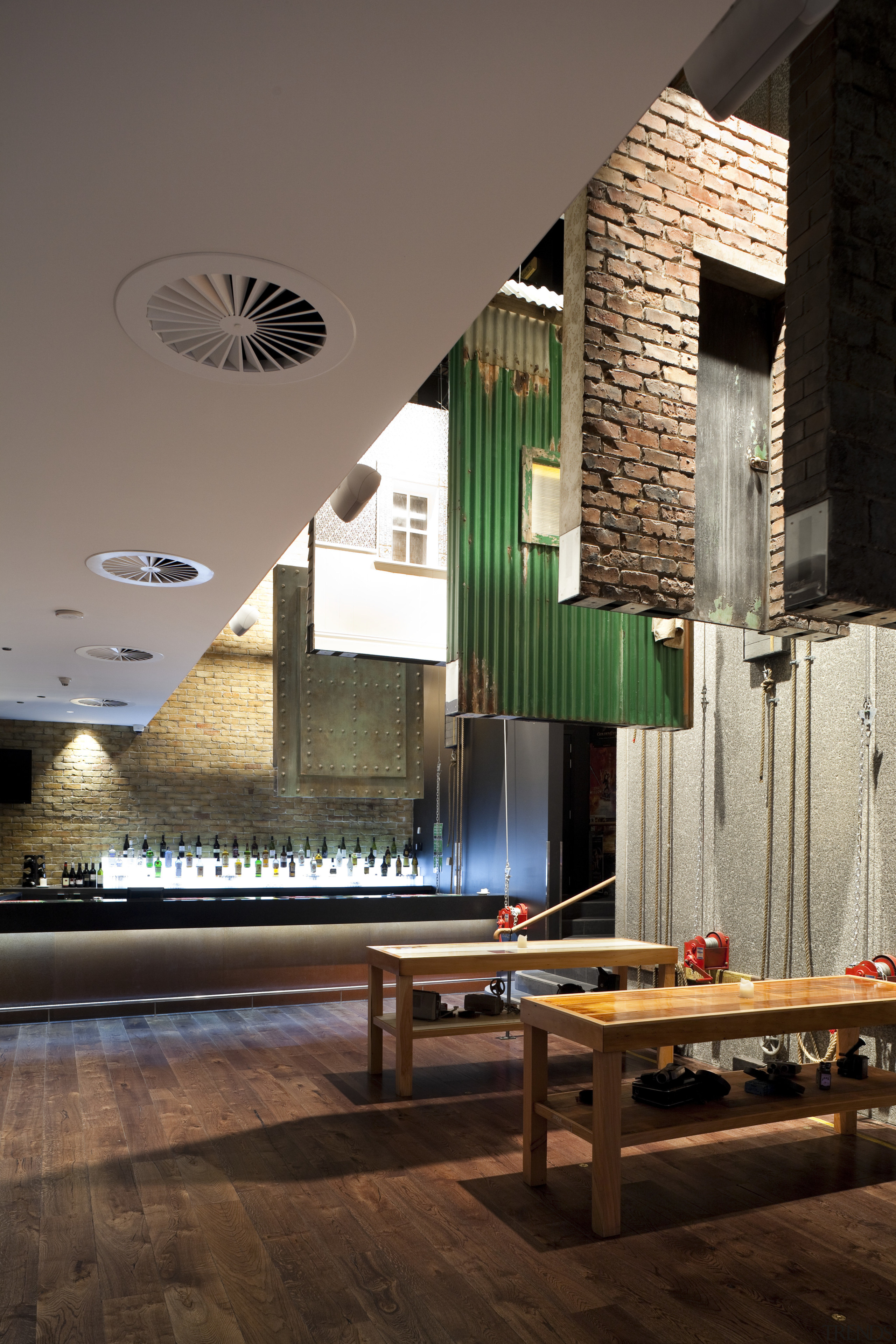 View of restaurant with Fusion air system in architecture, ceiling, interior design, lobby, table, wood, brown