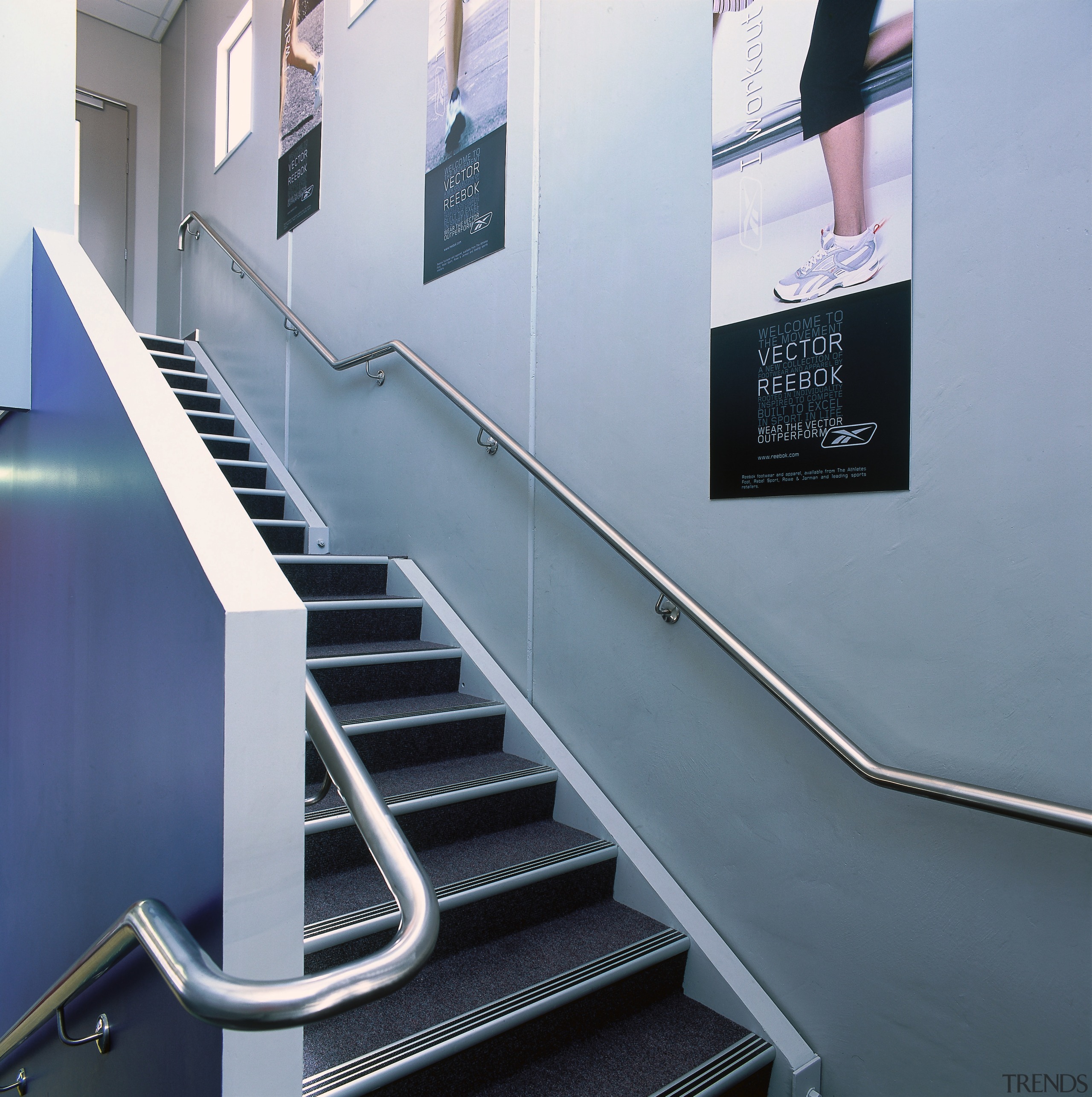 Stairway with off-white and blue walls. - Stairway glass, handrail, product design, stairs, structure, gray