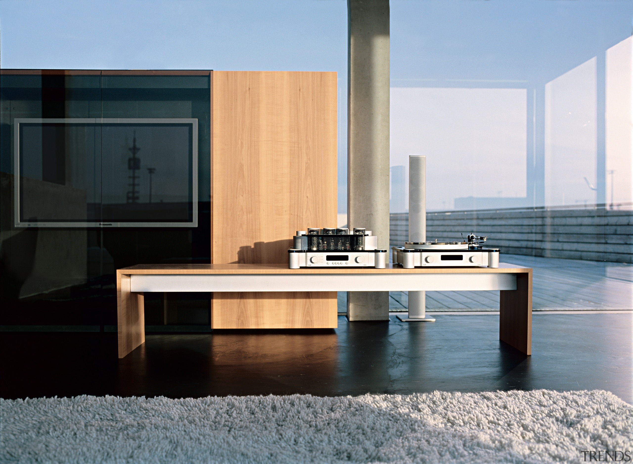 View of this bench as a showcase of coffee table, floor, furniture, interior design, product design, table, gray, black