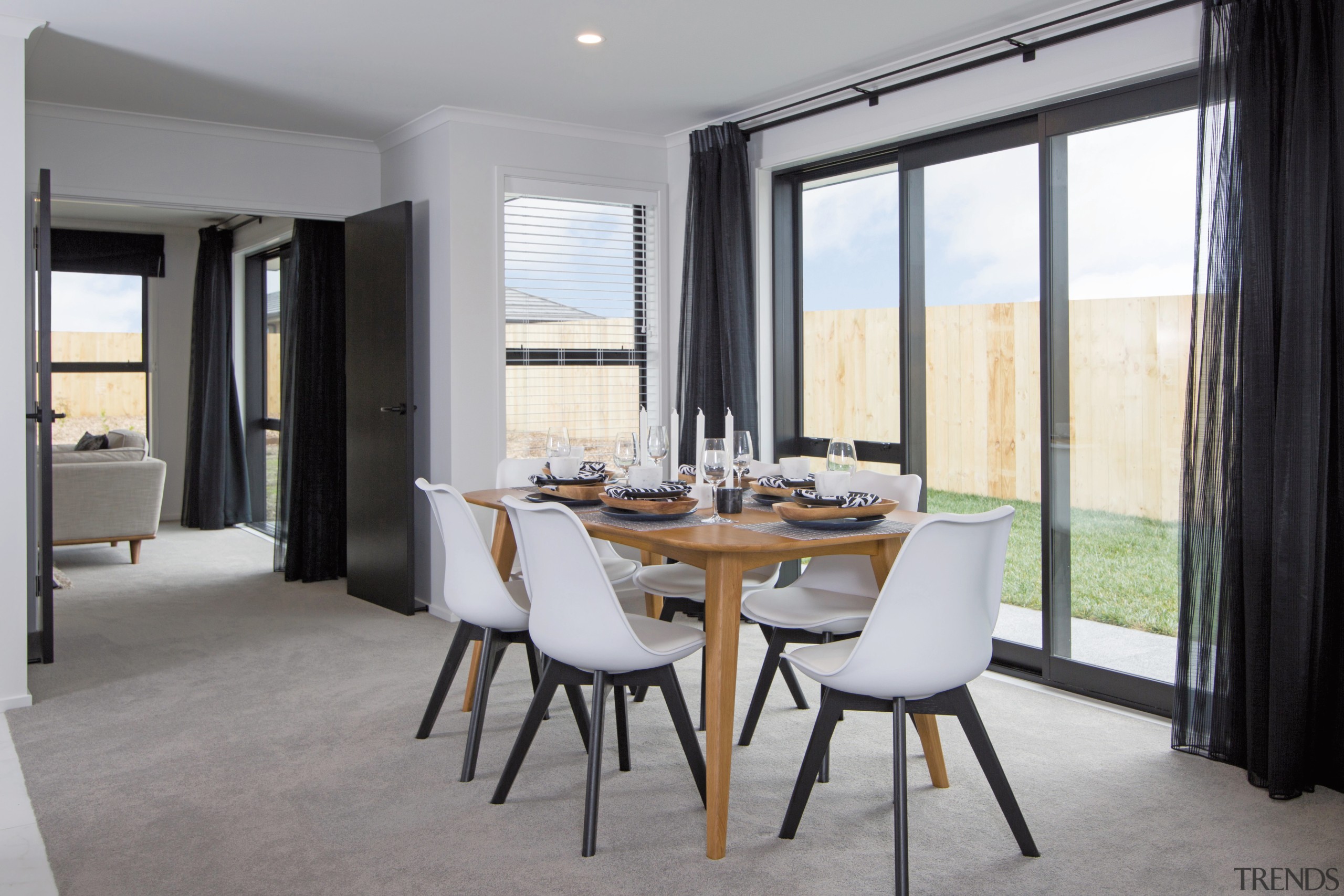 Long vistas add to the sense of space dining room, floor, interior design, property, real estate, room, table, window, gray