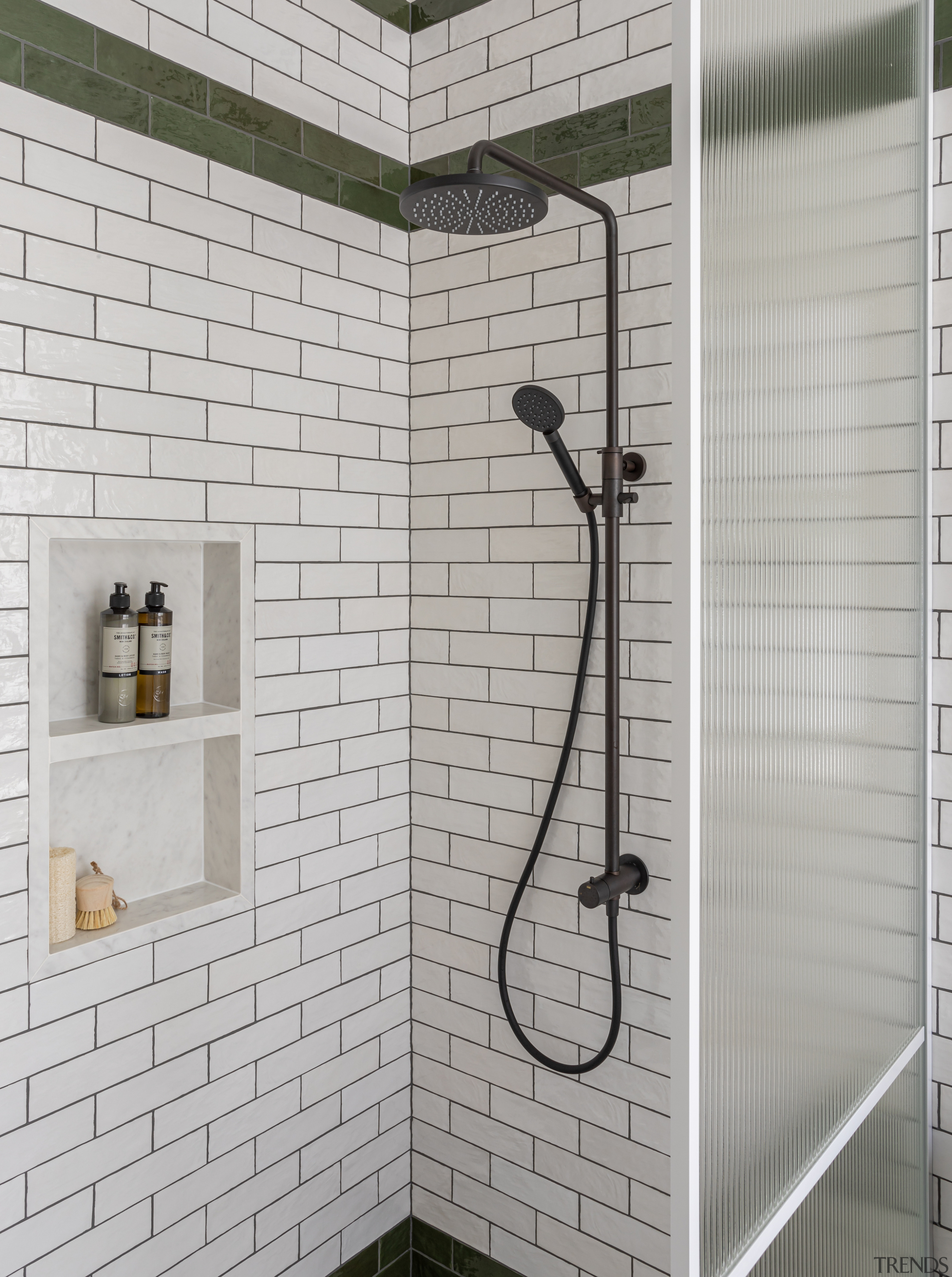 In the shower, mitred corners and custom niches 