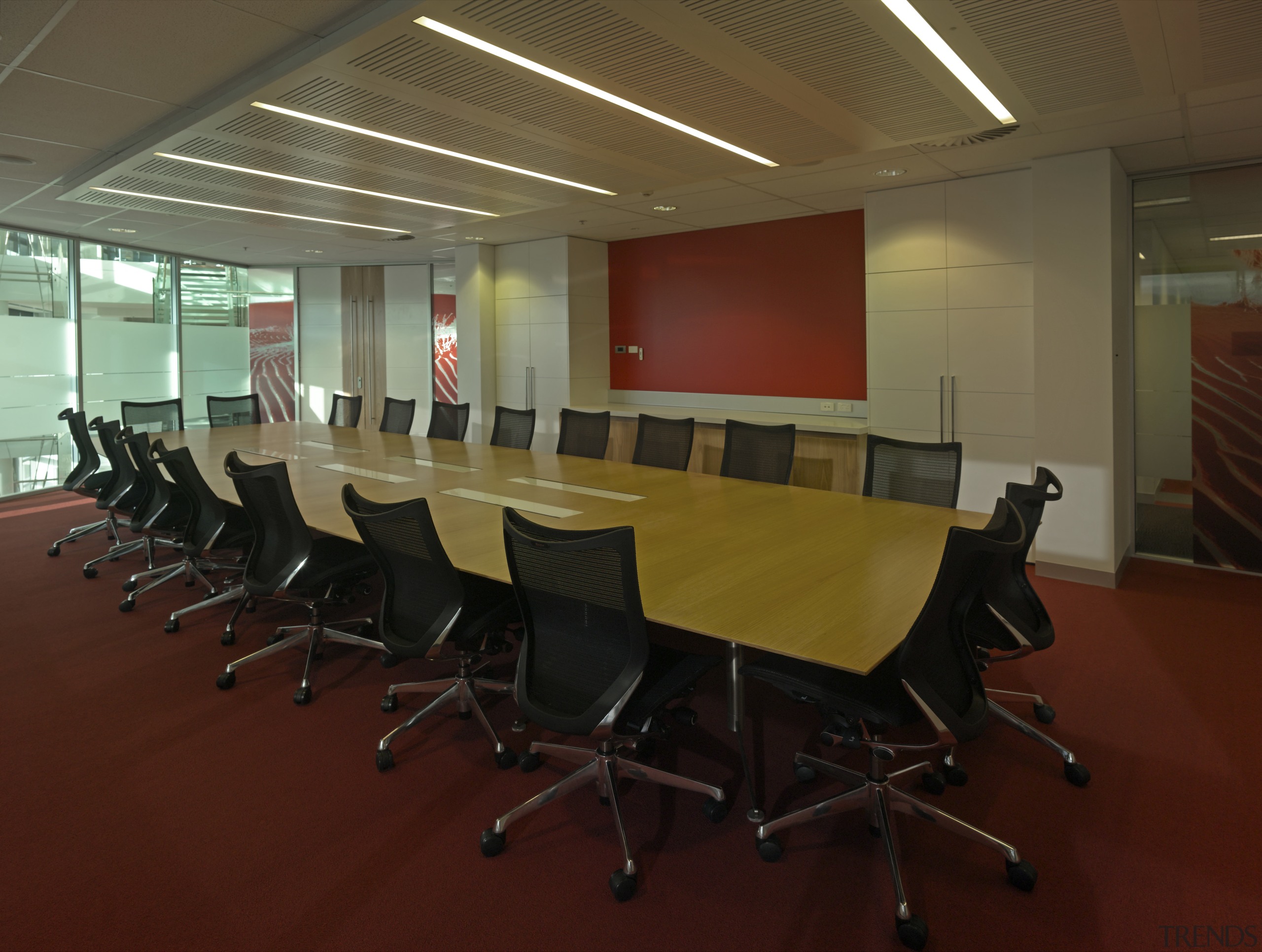 18 Marcus Clarke urban themed meeting room - auditorium, conference hall, desk, flooring, furniture, interior design, office, table, red, brown