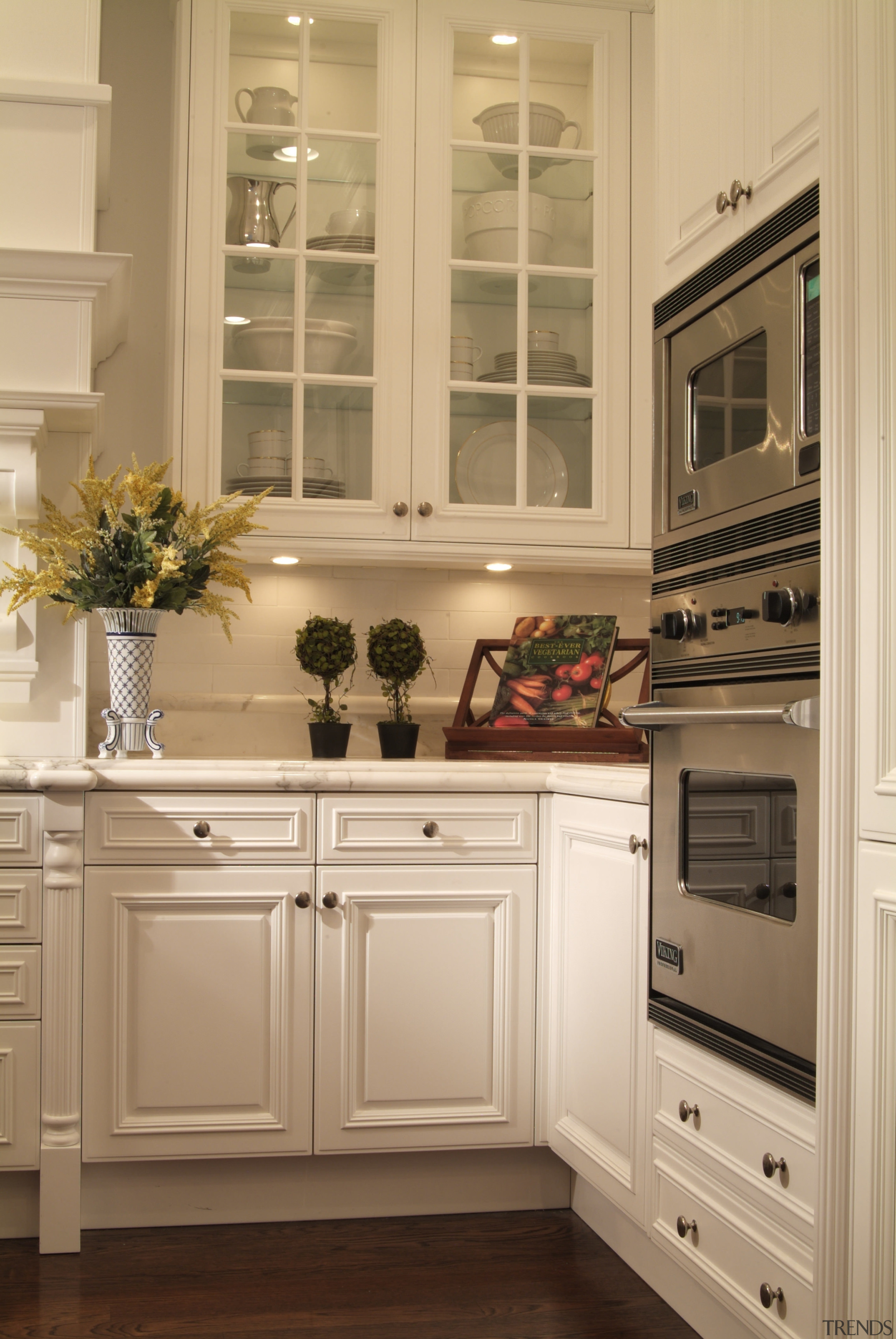 A view of a kitchen by Downsview Features cabinetry, countertop, cuisine classique, floor, furniture, hardwood, home, home appliance, interior design, kitchen, kitchen appliance, room, wood stain, orange, brown