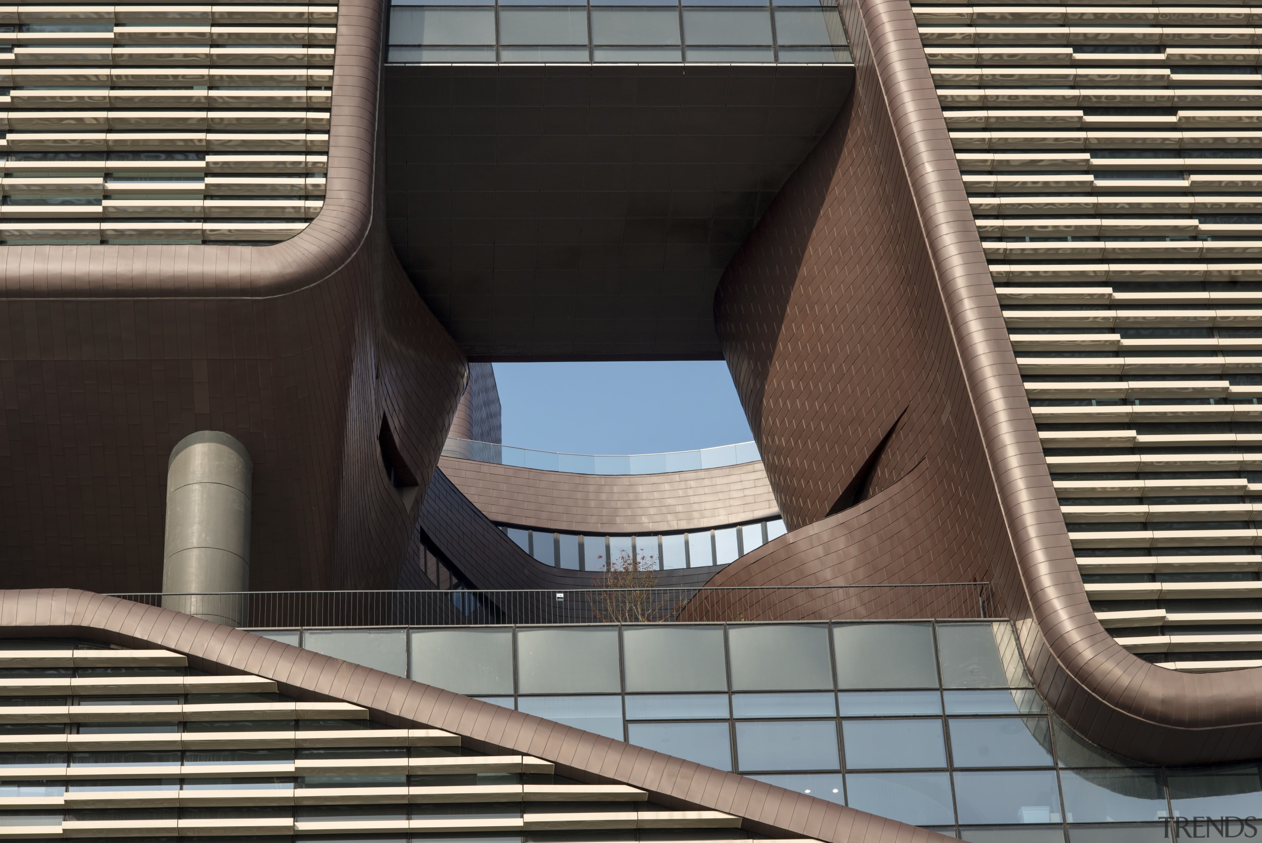 A view up past the podium level of architecture, building, daylighting, facade, line, structure, black