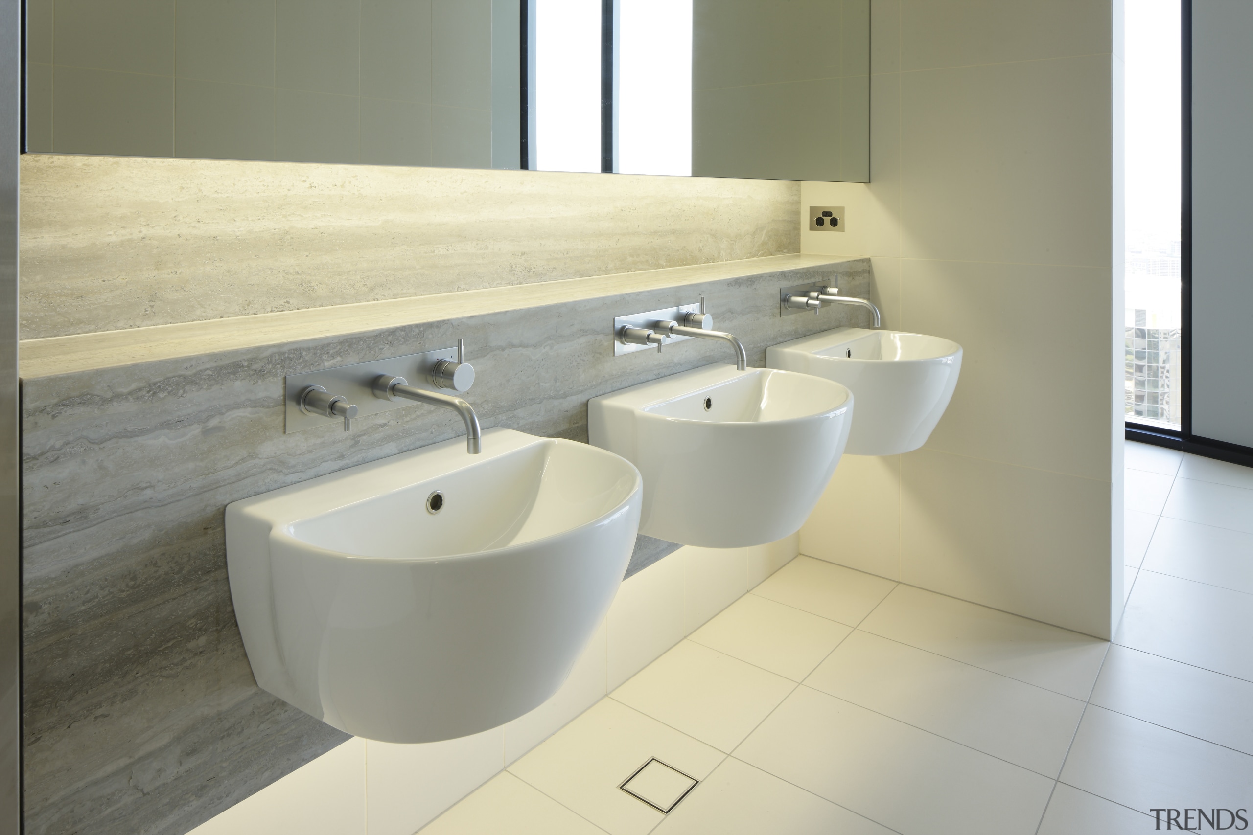 These contemporary products reflect the latest design and bathroom, bathroom sink, bidet, ceramic, floor, interior design, plumbing fixture, product design, sink, tap, tile, toilet seat, gray