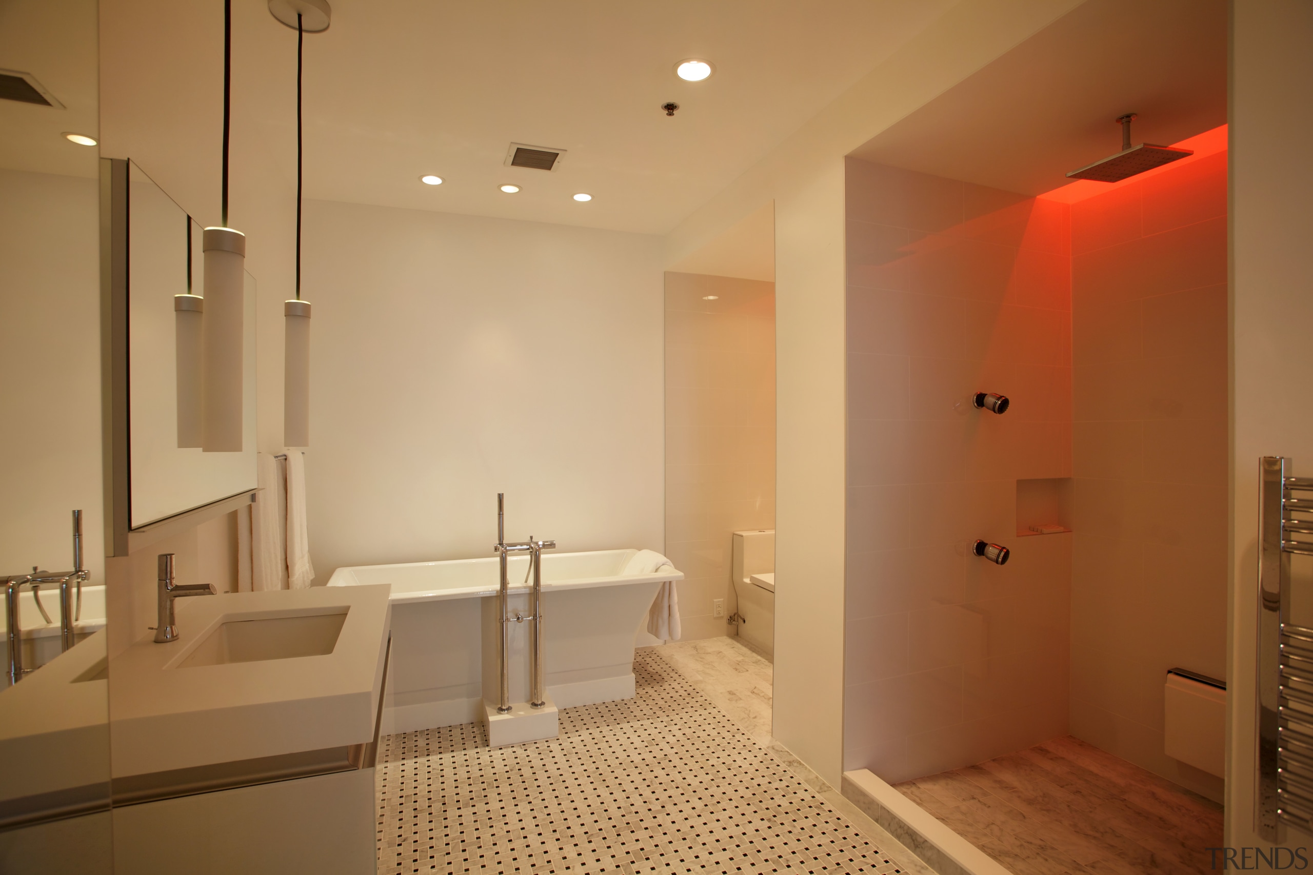 Red, green, blue  the shower offers chromatherapy, architecture, bathroom, ceiling, floor, flooring, home, interior design, lighting, real estate, room, brown, orange