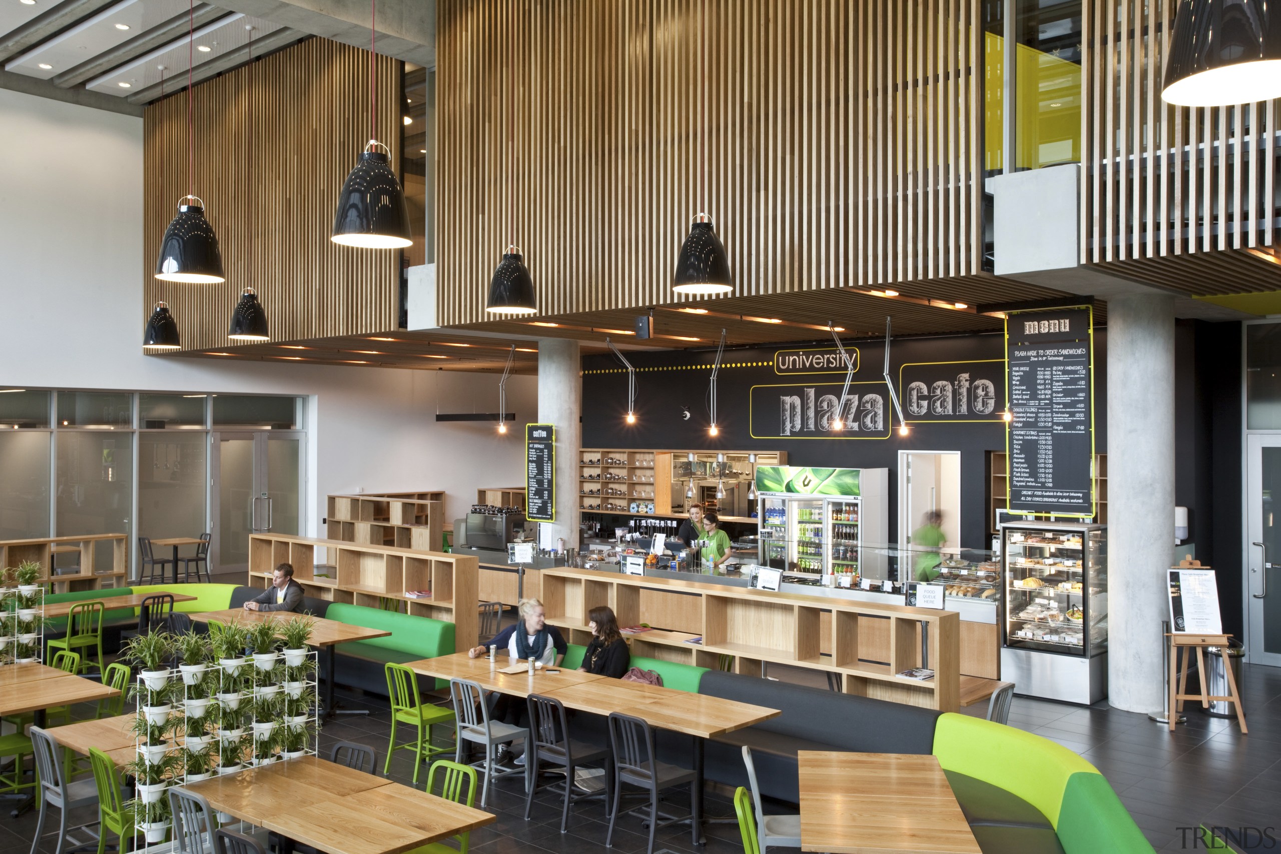 Cafe with black and green booth seating - cafeteria, interior design, brown