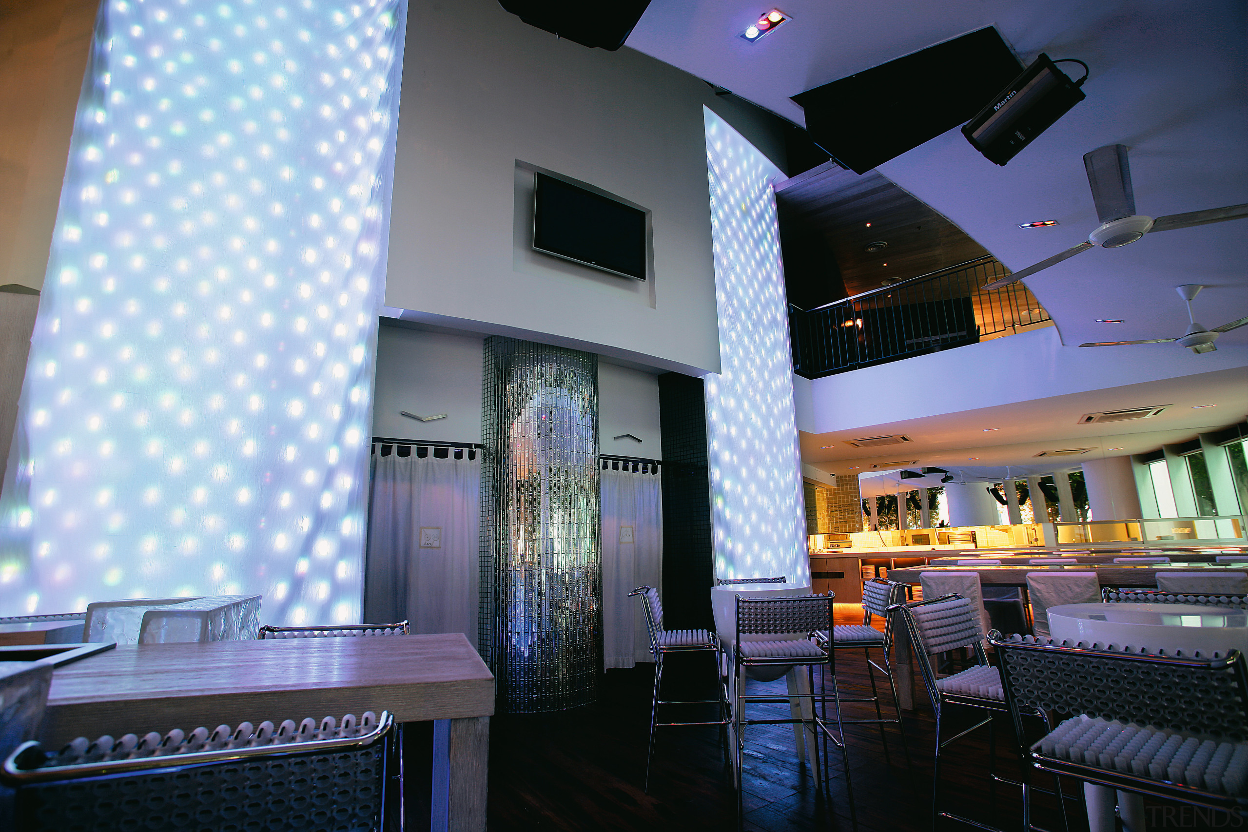 A view of the dining area. - A ceiling, interior design, lobby, restaurant, black