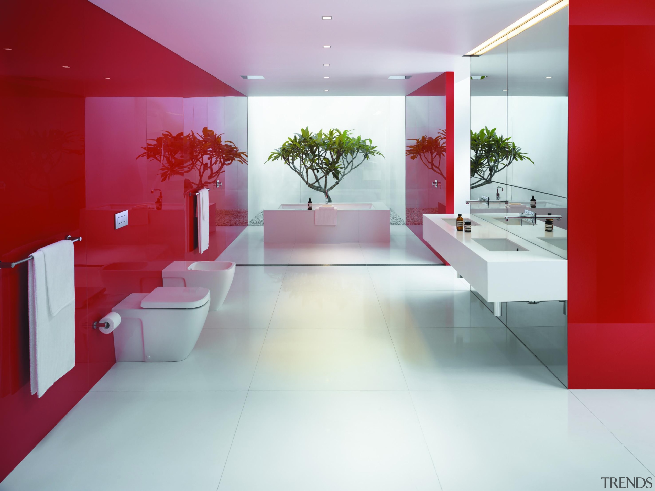 Caroma Cube Invisi II toilet suite: Available as architecture, bathroom, ceiling, floor, flooring, interior design, product design, tile, white, red