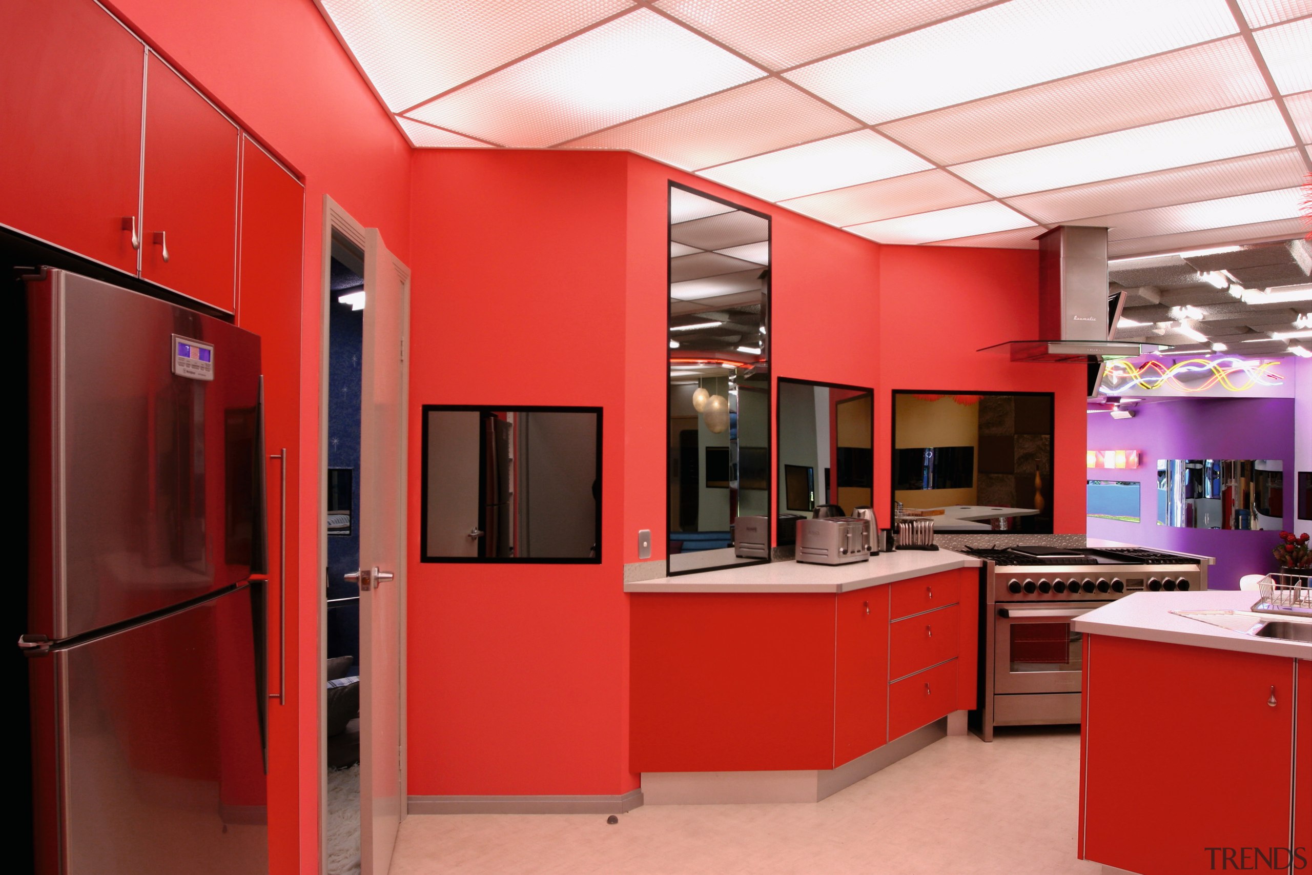 An example of some of the bold colours interior design, kitchen, office, room, red