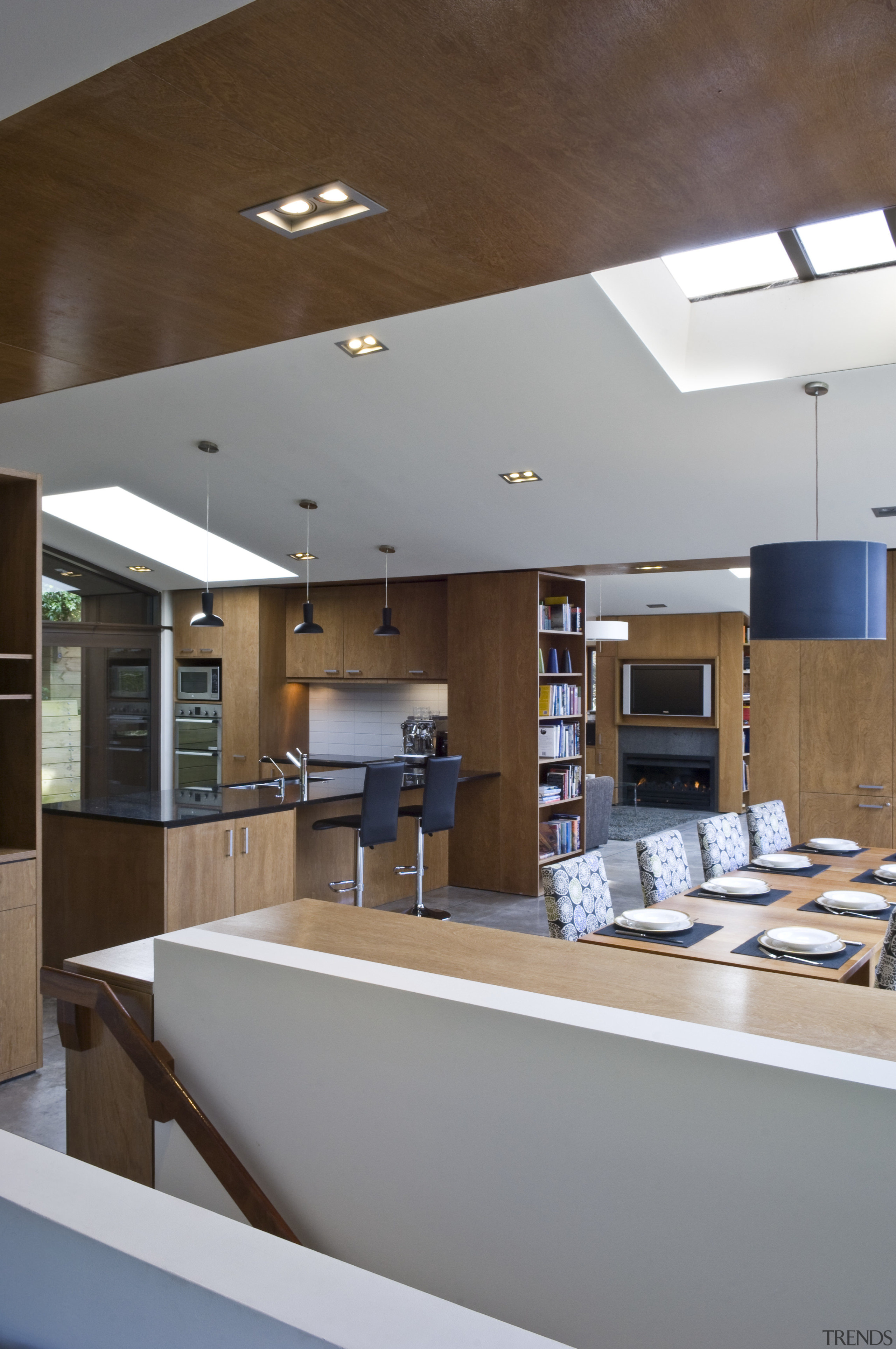 View of open-plan kitchen and dining area with architecture, ceiling, daylighting, house, interior design, kitchen, gray, brown