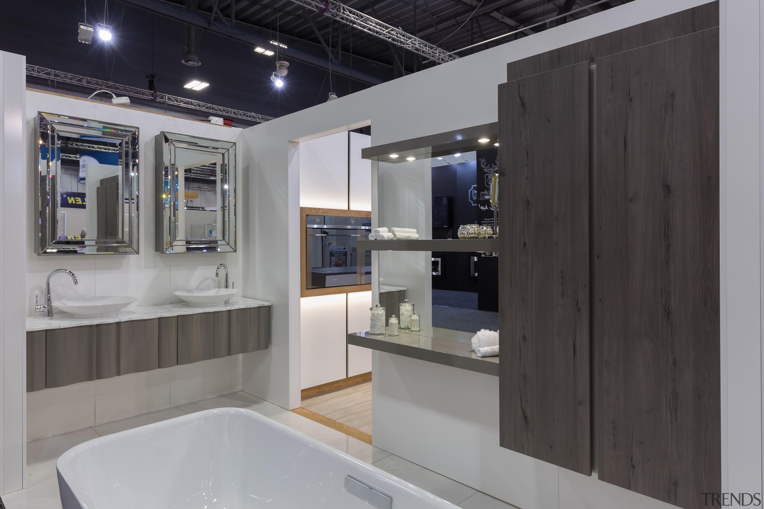 vanity, mirror cabinet, floating shelves - Homeshow - countertop, interior design, kitchen, gray, black