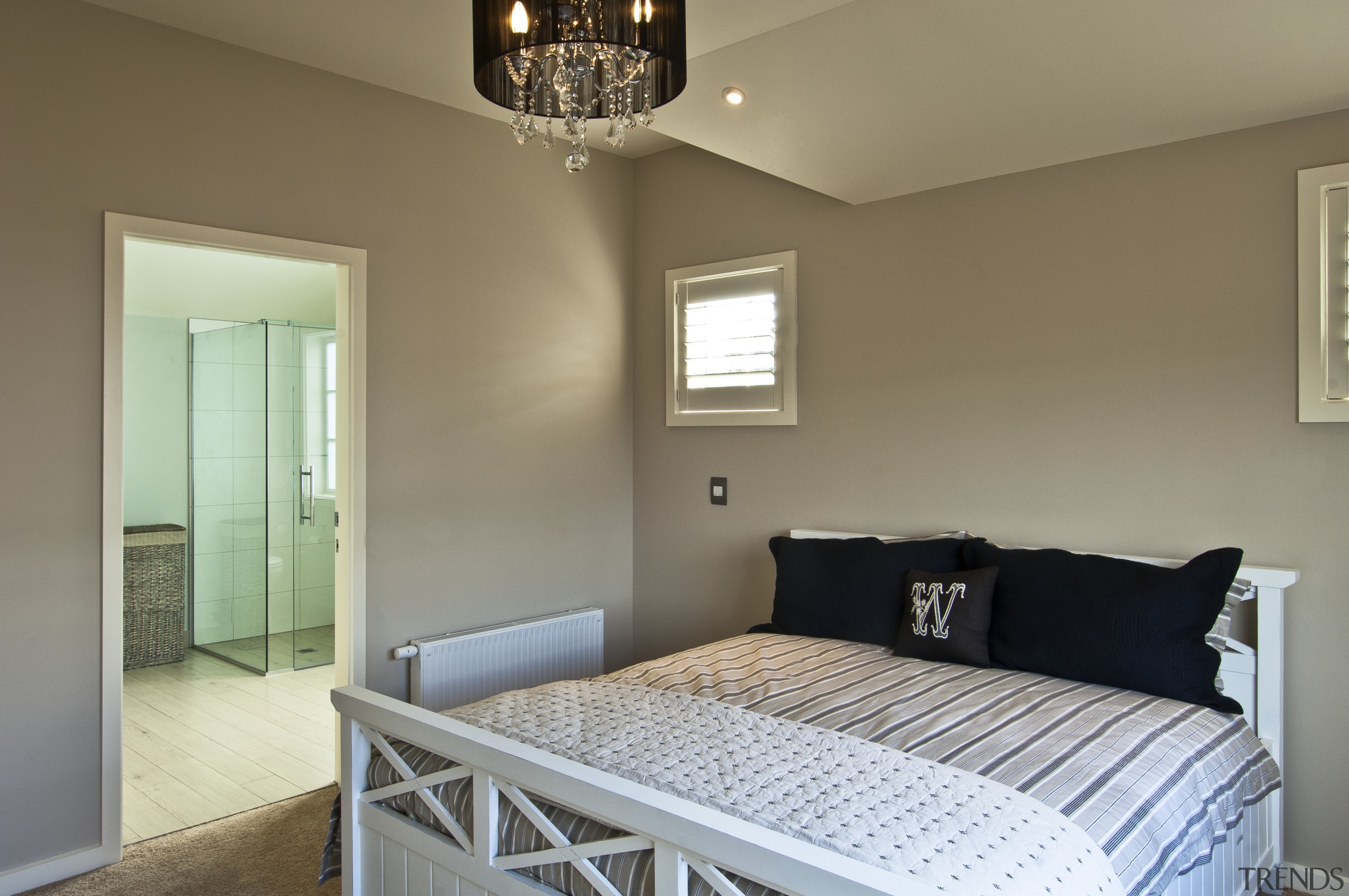 bedroom with ensuite, tea colour, double bed - bed frame, bedroom, ceiling, estate, floor, home, interior design, property, real estate, room, wall, window, brown, gray