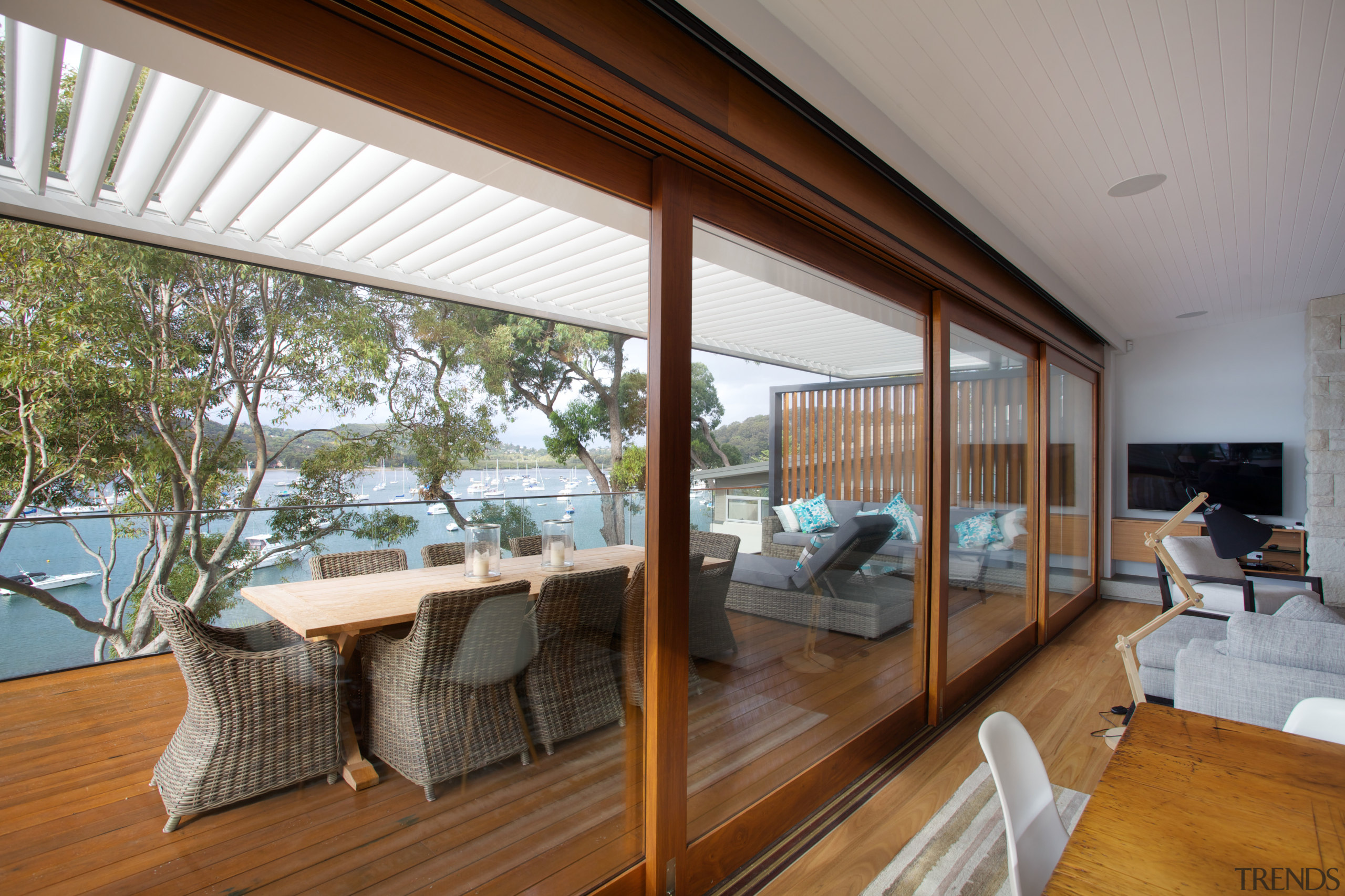 The main living level of this remodelled house architecture, balcony, daylighting, estate, house, interior design, property, real estate, roof, window, wood, brown, gray