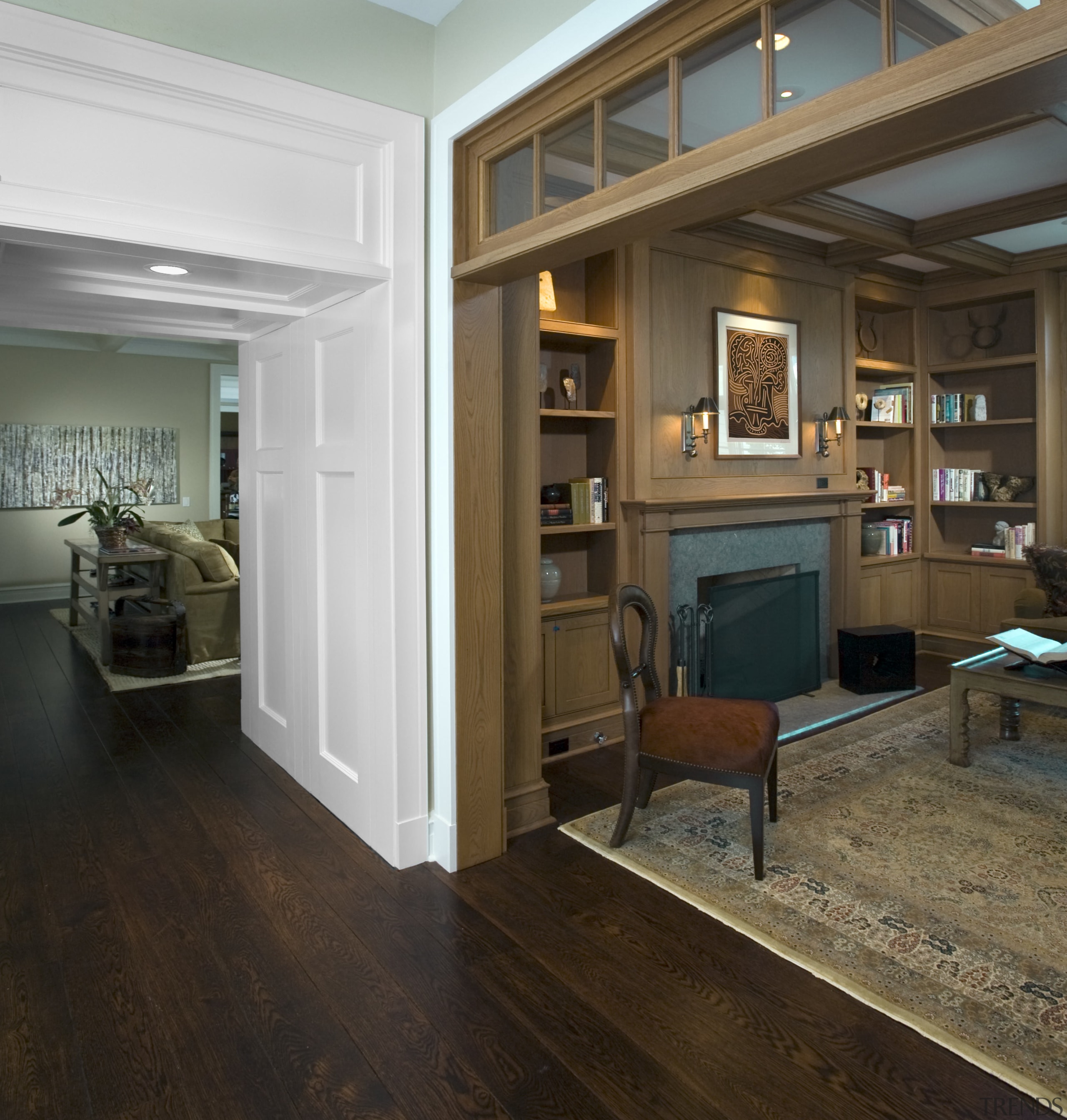 View of doorways leading to lounge areas. - cabinetry, ceiling, floor, flooring, hardwood, interior design, laminate flooring, living room, wall, wood, wood flooring, brown, black