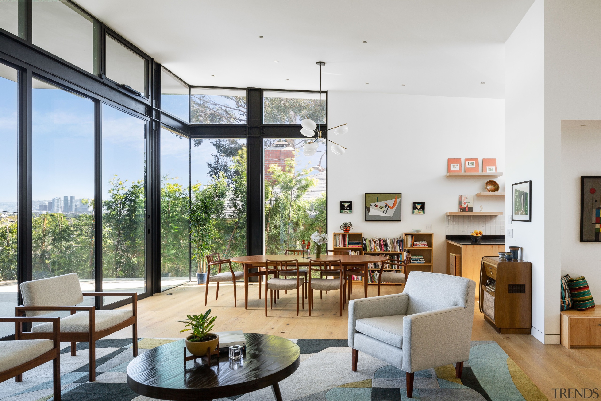 The interiors blend the rational approach of Mid-century 