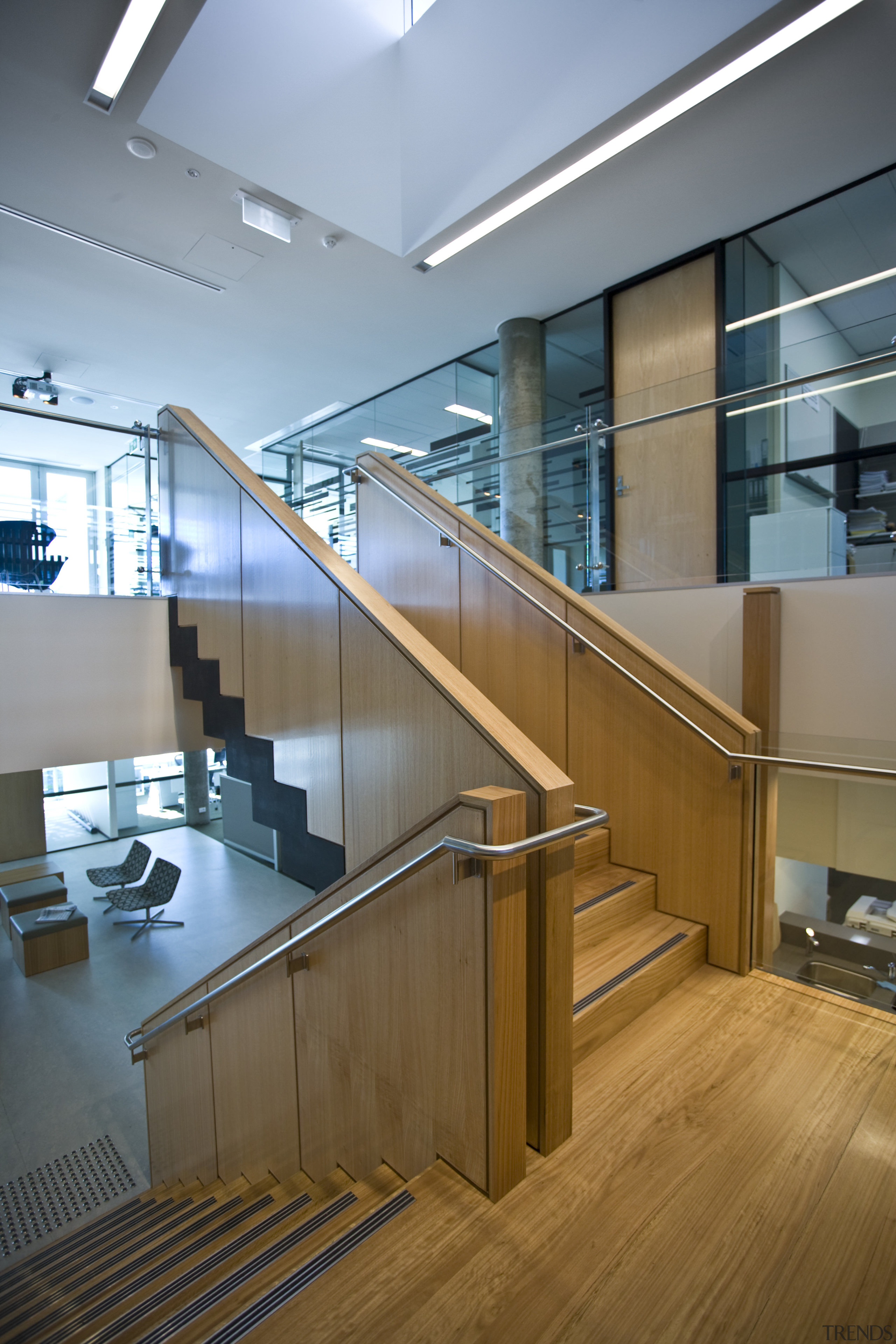 View of a custom designed staircase by Arden architecture, daylighting, floor, glass, handrail, interior design, stairs, brown, gray