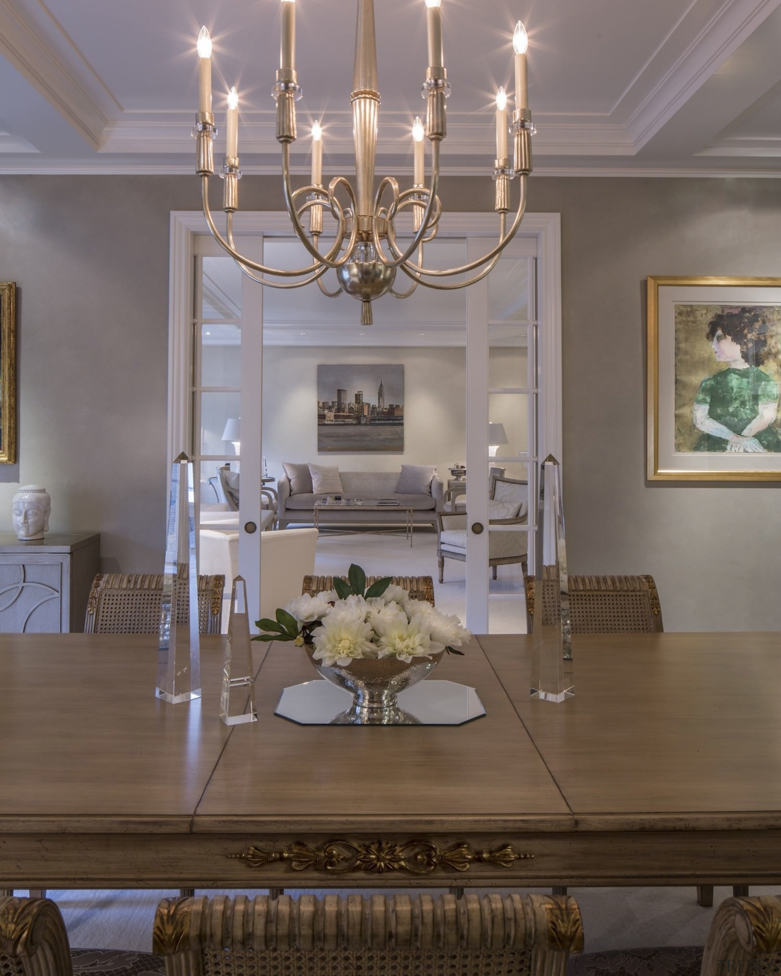 Looking across the dining table - Looking across ceiling, chandelier, dining room, furniture, home, interior design, light fixture, living room, room, table, wall, gray, brown