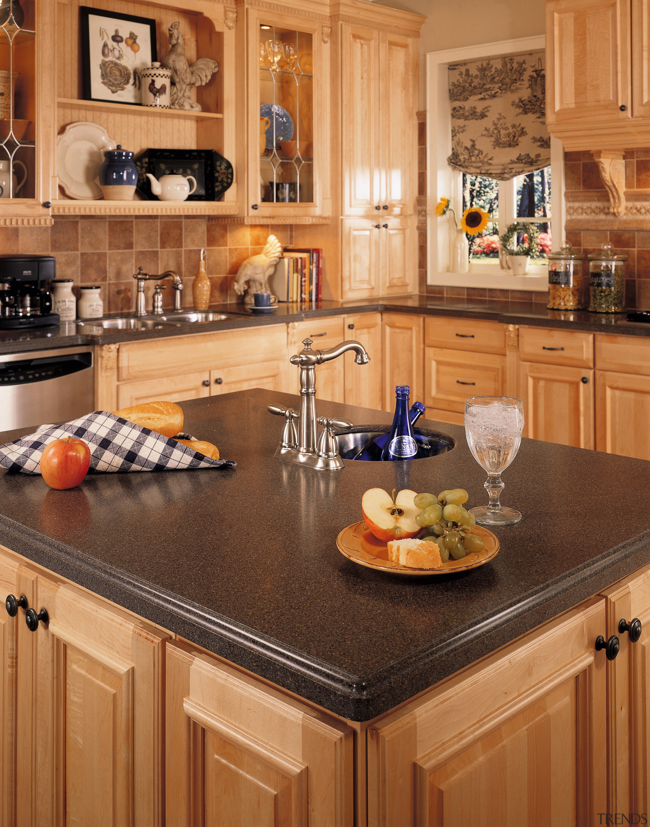 A view of a kitchen, grey benchtops, stainless cabinetry, countertop, cuisine classique, floor, flooring, hardwood, interior design, kitchen, room, wood flooring, brown, orange