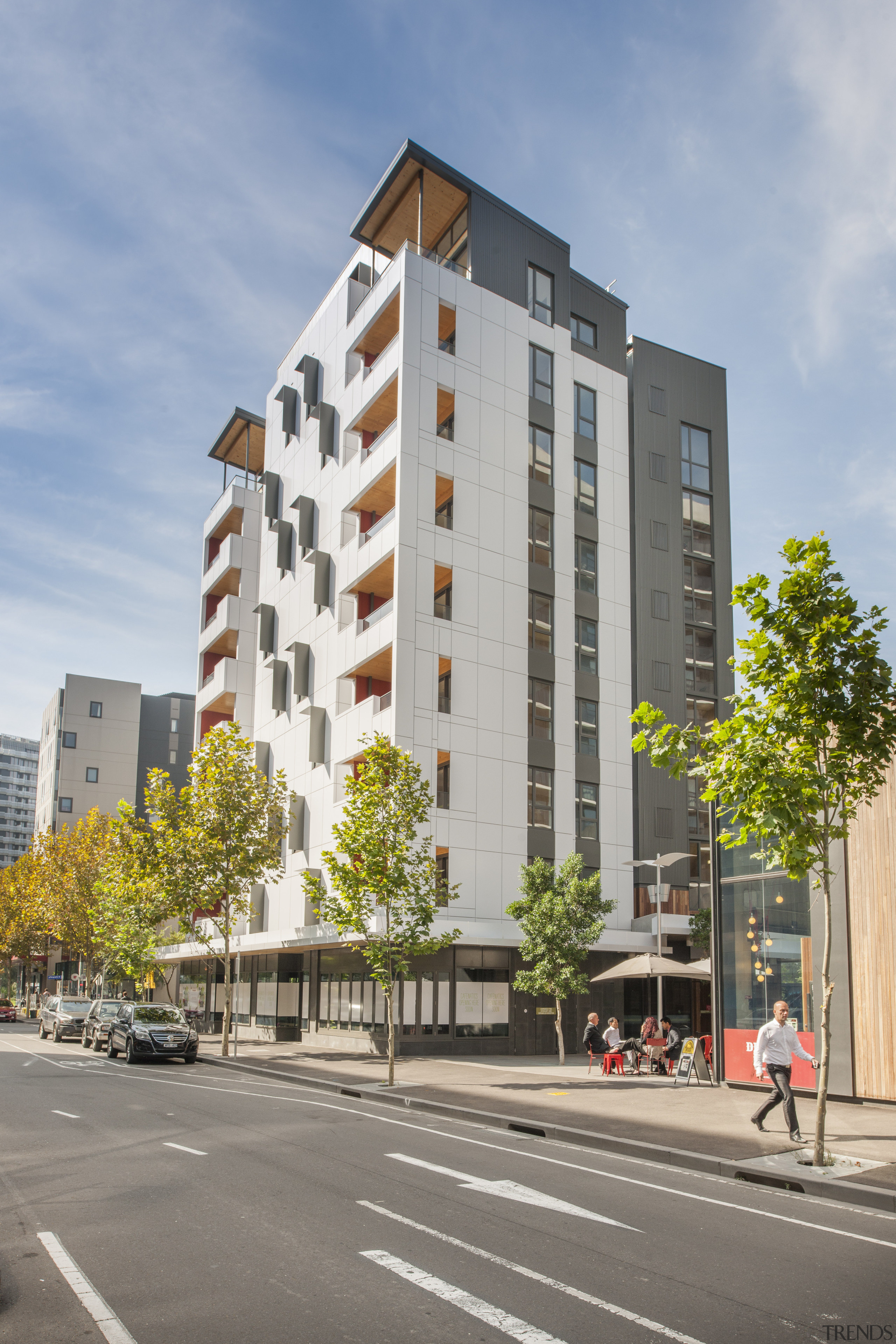 The first timber high-rise in Australia  Forté apartment, architecture, building, city, commercial building, condominium, corporate headquarters, daytime, elevation, facade, home, house, metropolis, metropolitan area, mixed use, neighbourhood, property, real estate, residential area, sky, tower block, urban area, gray, teal