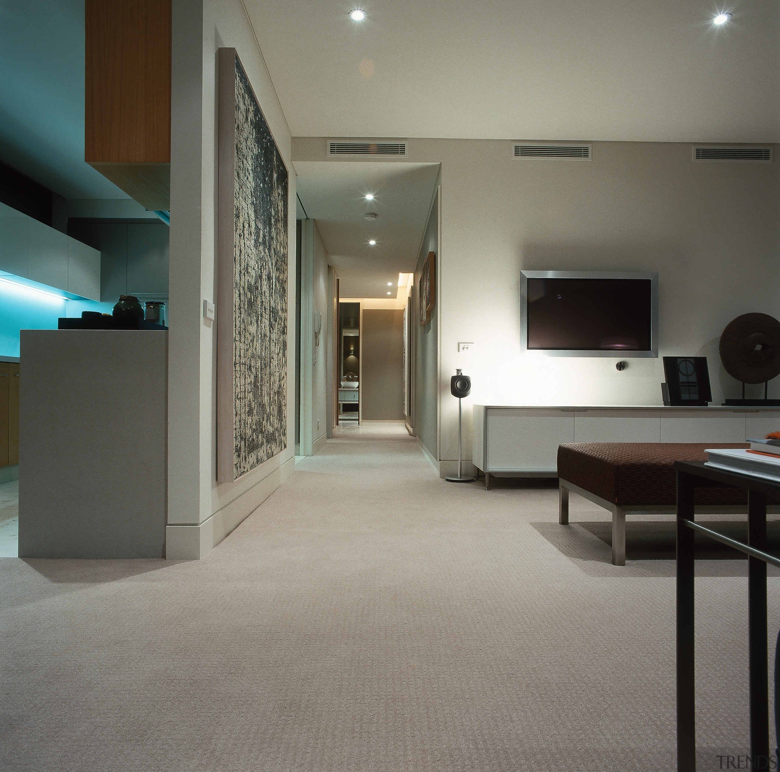 View of living and dinning area within one architecture, ceiling, floor, flooring, interior design, laminate flooring, lobby, real estate, wood flooring, gray