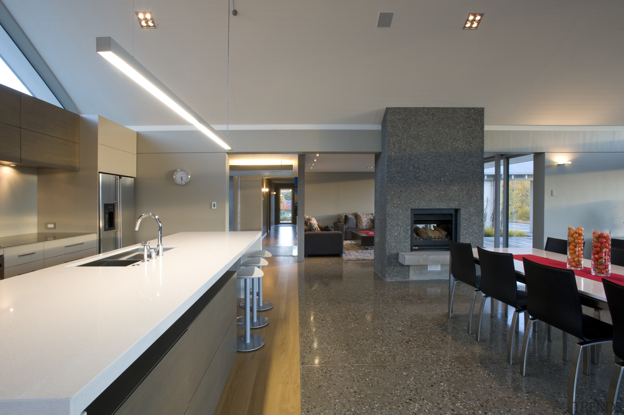 View of open-plan dining area with polished concrete apartment, architecture, countertop, house, interior design, kitchen, real estate, gray