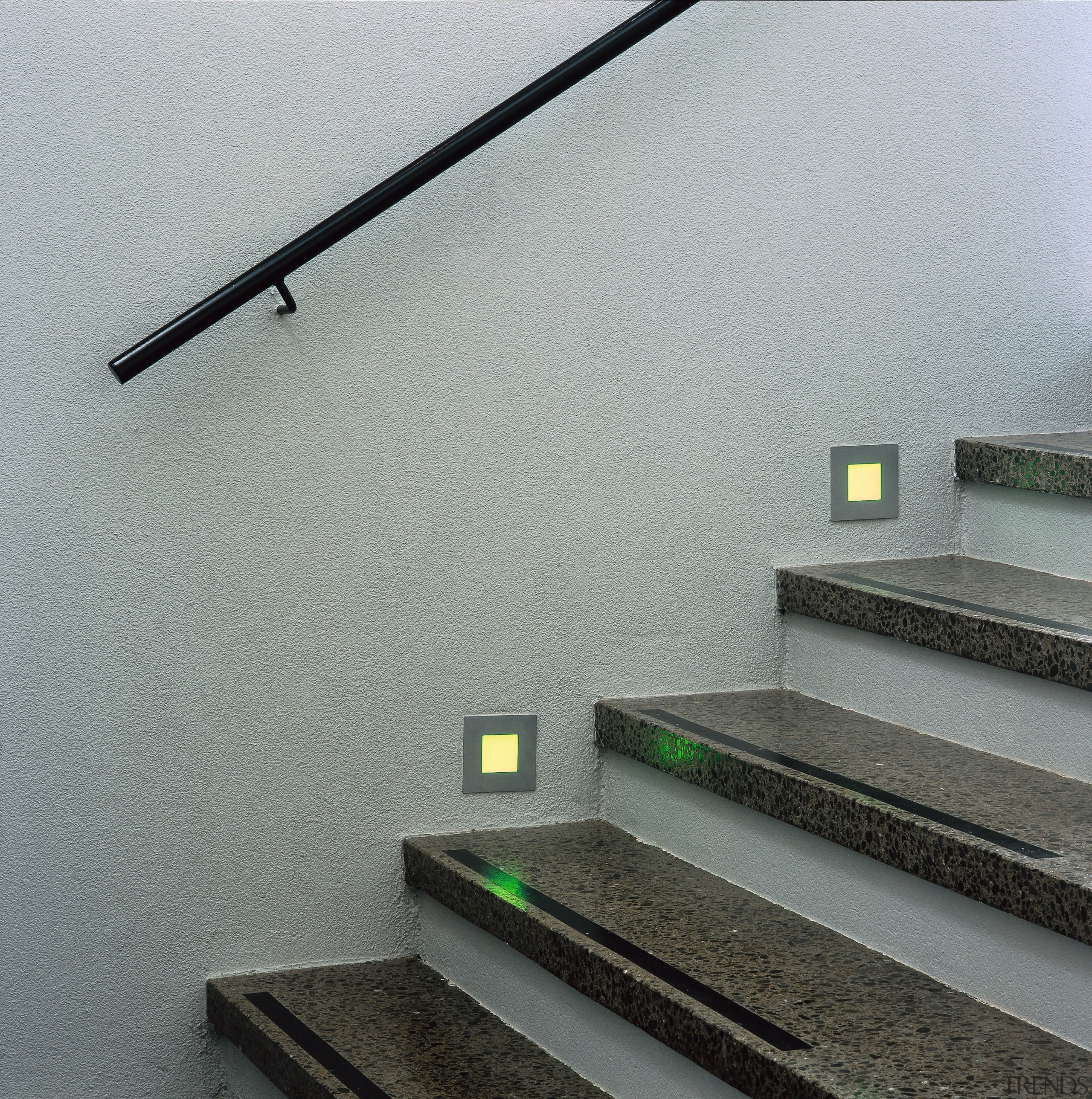 View of the stairway - View of the handrail, stairs, wall, gray