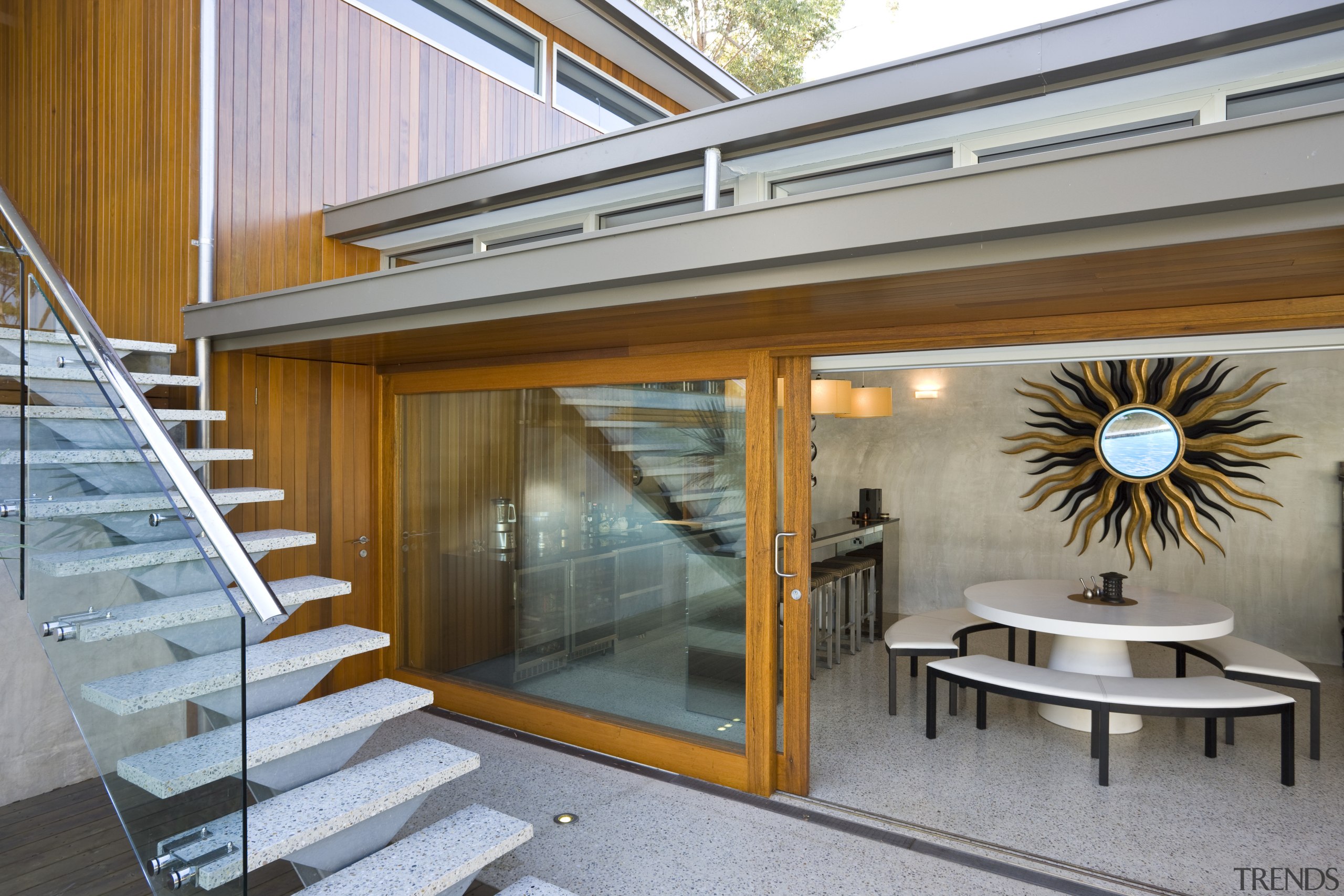 View of the stairway that leads to the architecture, daylighting, house, interior design, real estate, window, gray