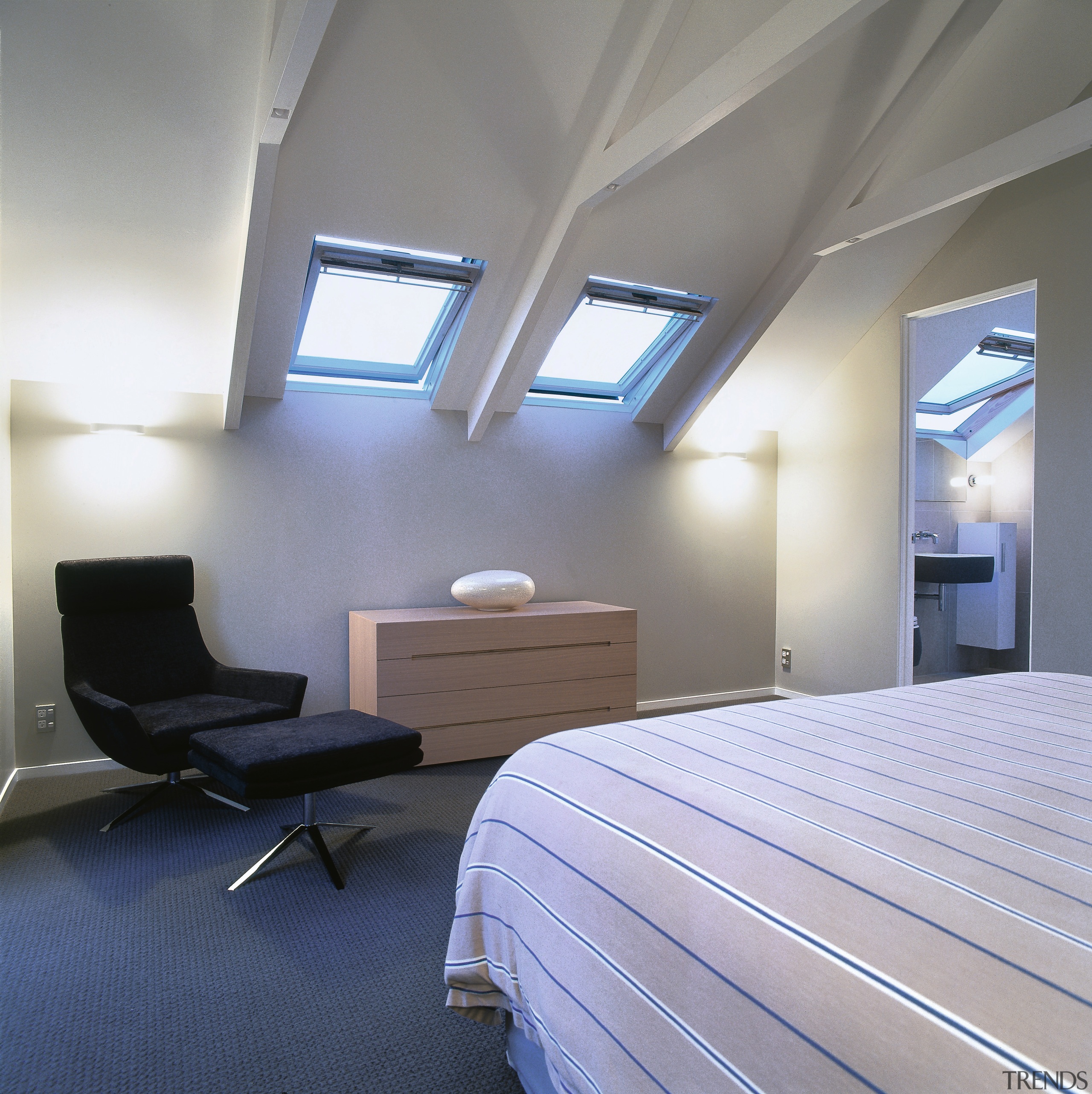 Buildng into the roof area provided enough space architecture, bedroom, ceiling, daylighting, floor, interior design, real estate, room, window, gray