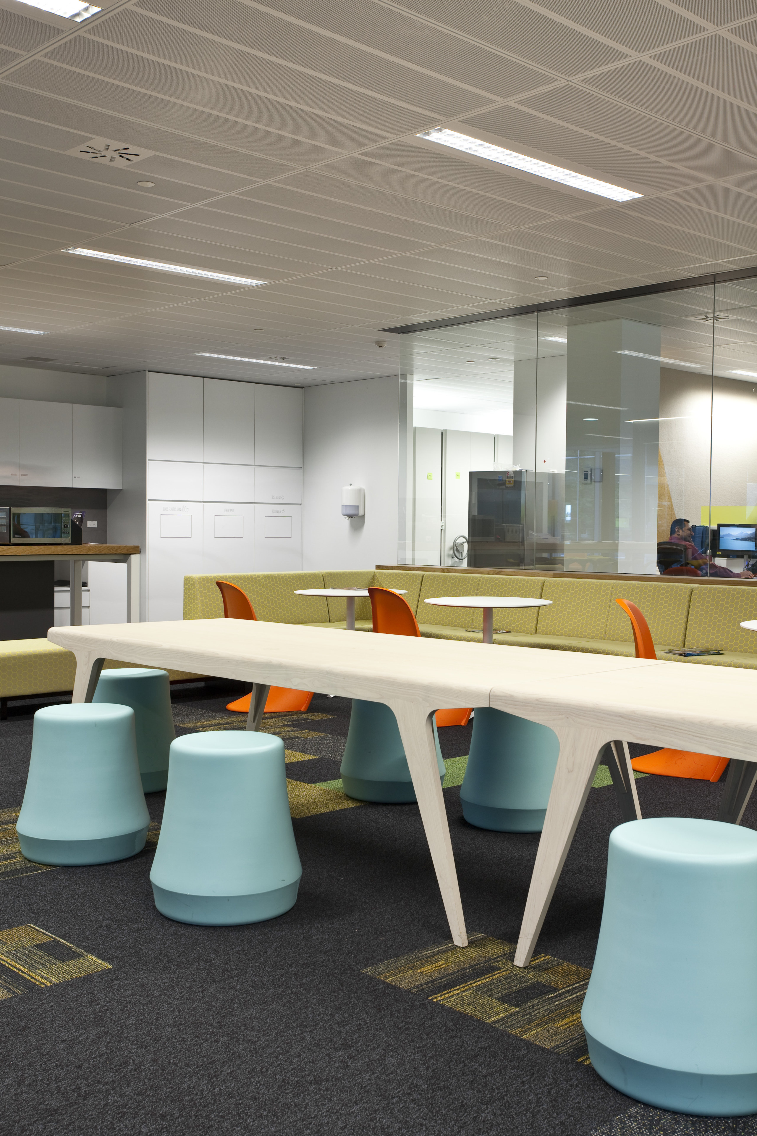 View of furnishings by Fletcher Systems for the furniture, interior design, office, product design, table, gray