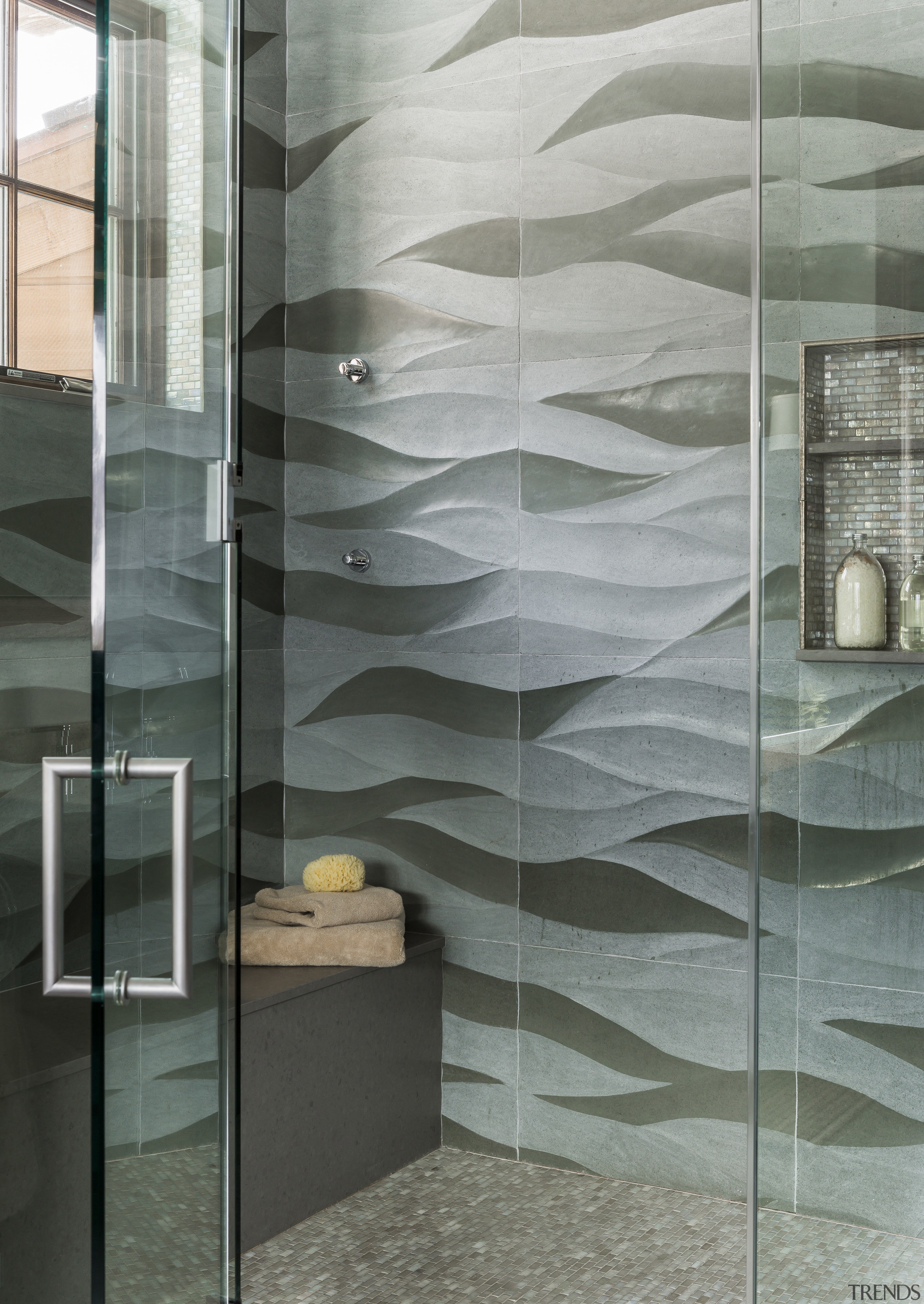 The wave tiles in this walk-in shower create architecture, bathroom, floor, glass, interior design, plumbing fixture, tile, wall, gray