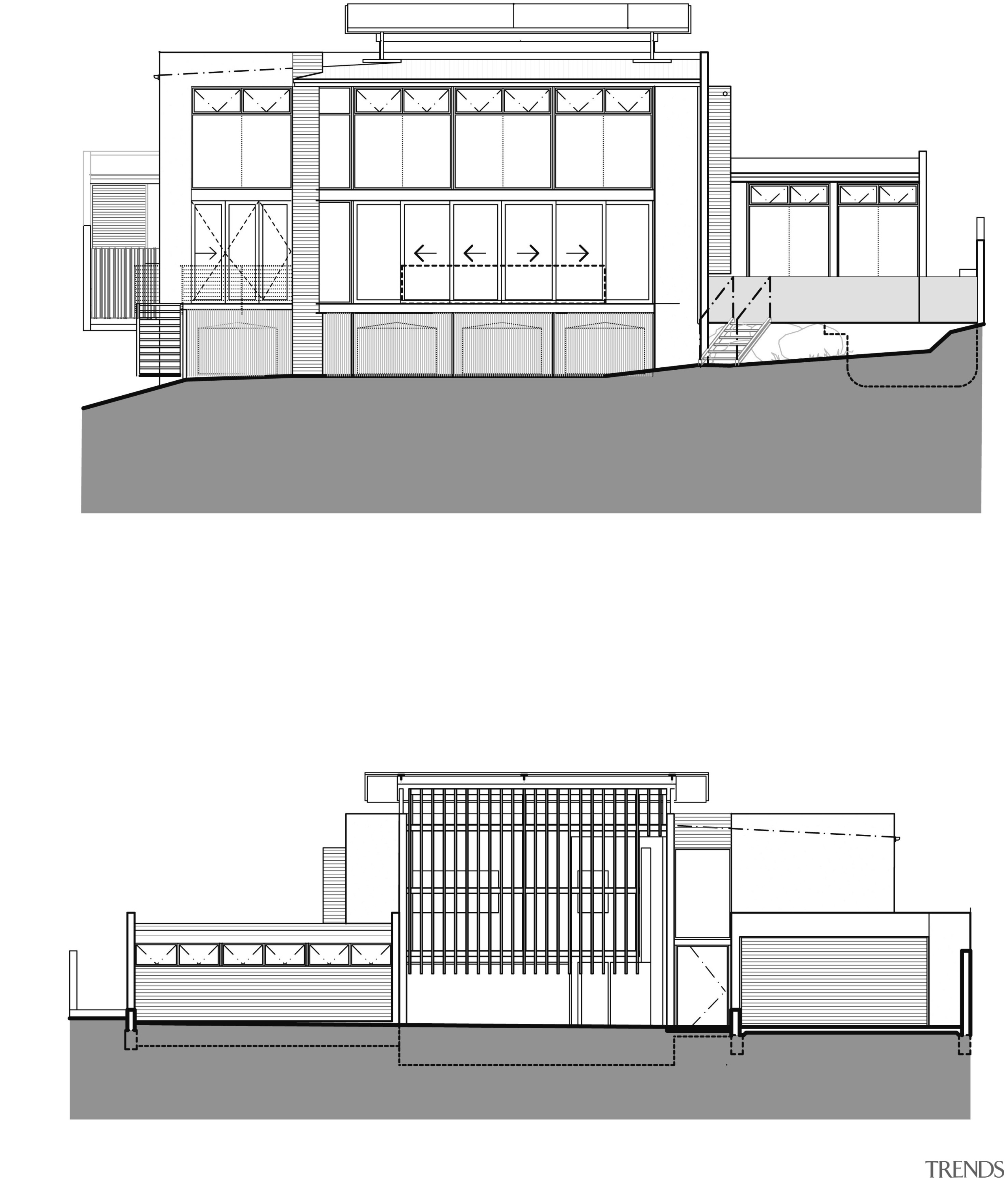 View of home with double height entrance, deck angle, architecture, area, black and white, design, diagram, drawing, elevation, facade, floor plan, home, house, line, plan, product, product design, structure, technical drawing, white